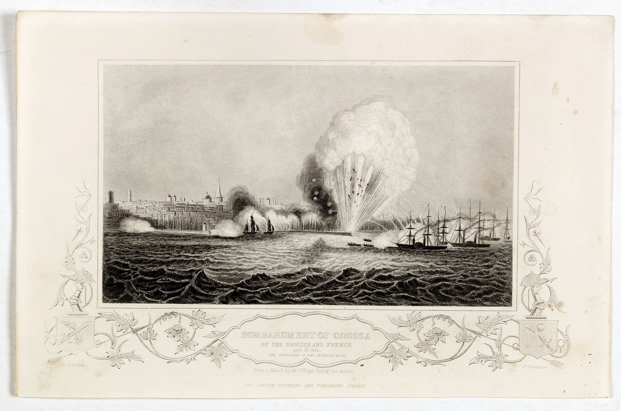 THE LONDON PRINTING AND PUBLISHING COMPANY, Bombardment of Odessa by the English and French April 22 1854, explosion on the imperial mole . . ., antique map, old maps