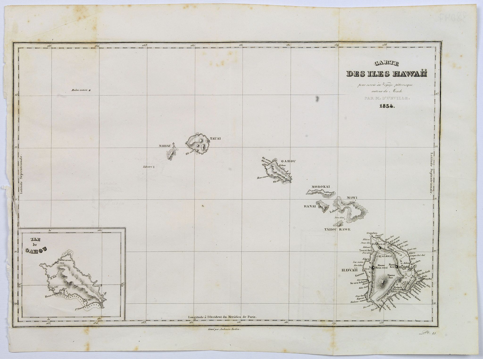 DUMONT D'URVILLE, Jules., Carte des Iles Hawaii., antique map, old maps