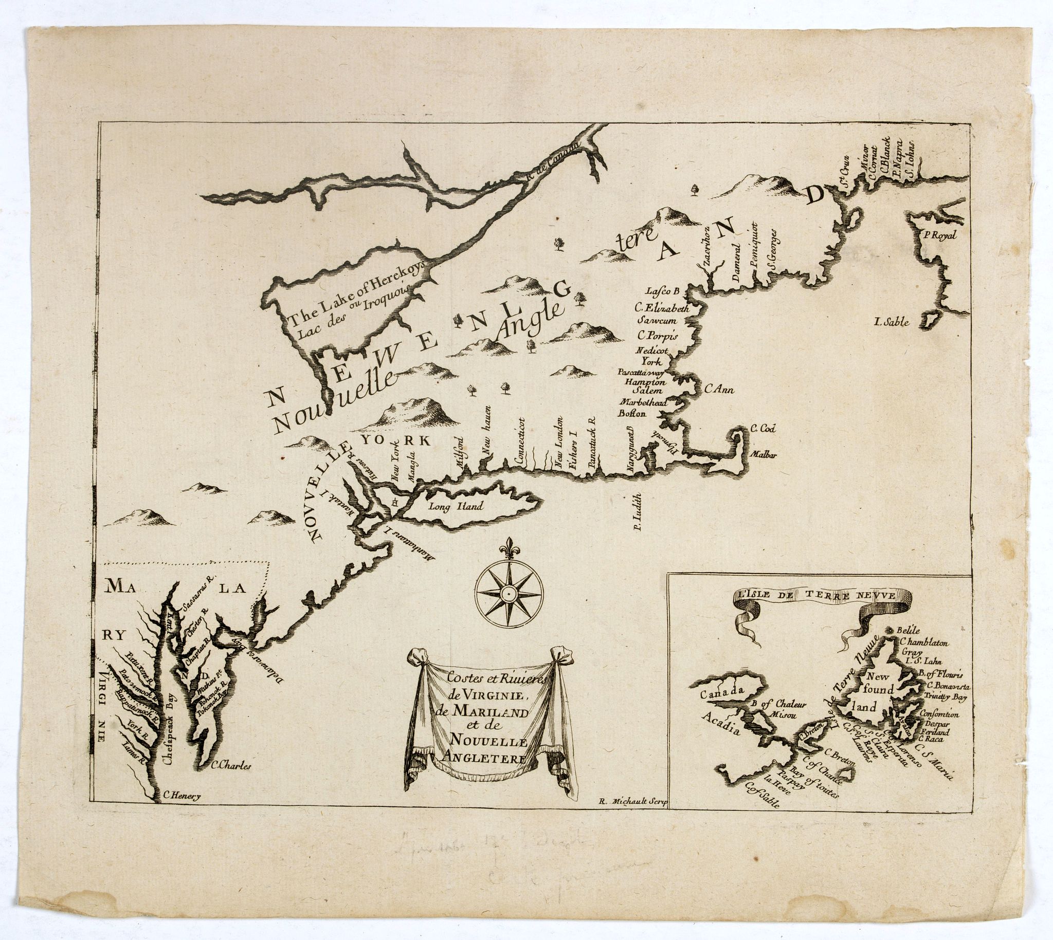 JUSTEL, H., Costes et Rivieres de Virginie, de Mariland et de Nouvelle Angletere. . ., antique map, old maps