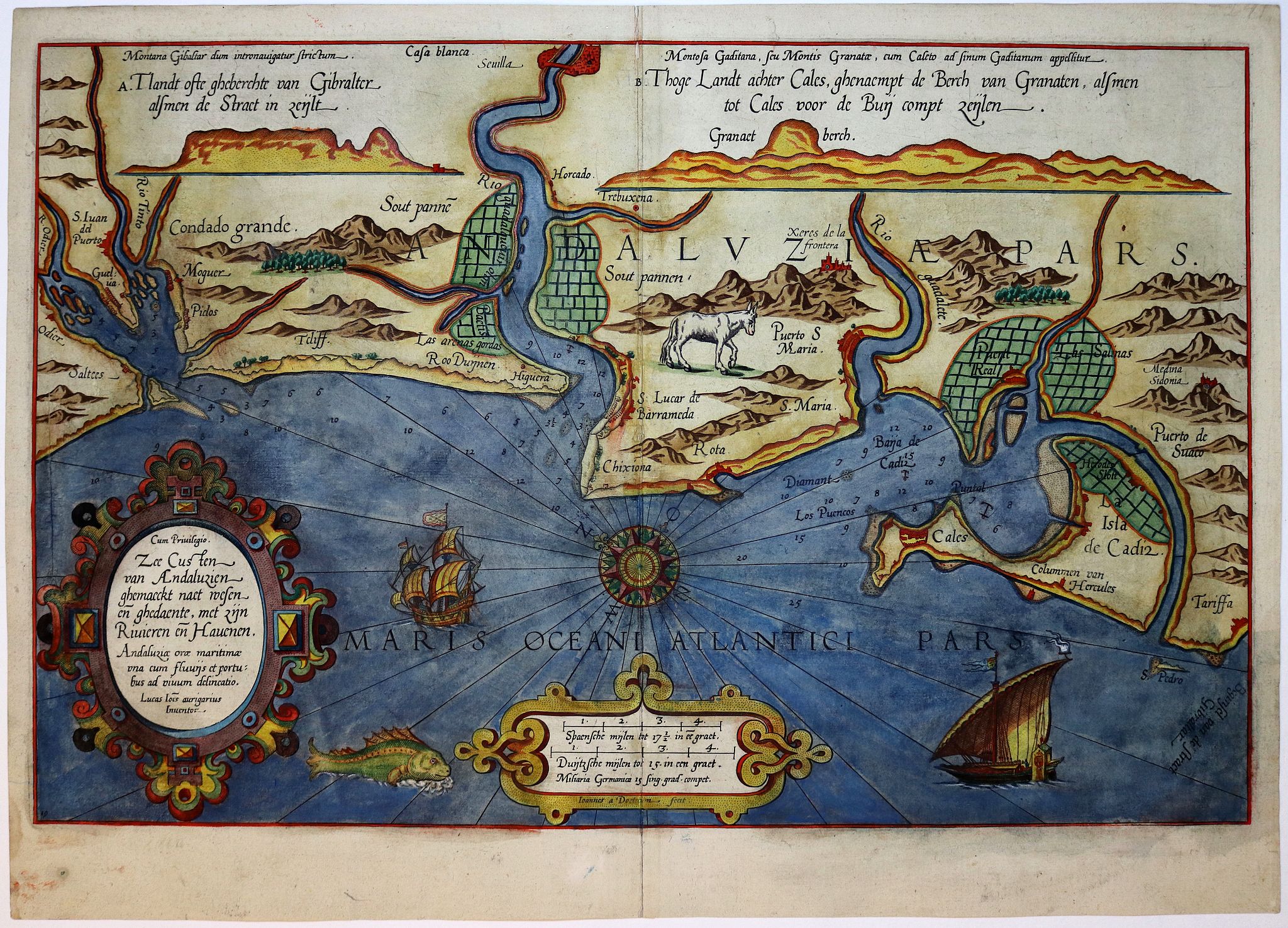 WAGHENAER, L. J., Zee Custen van Andaluzien ghemaeckt naet wesen en ghedaente, met zijn Rivieren en Hauenen., antique map, old maps