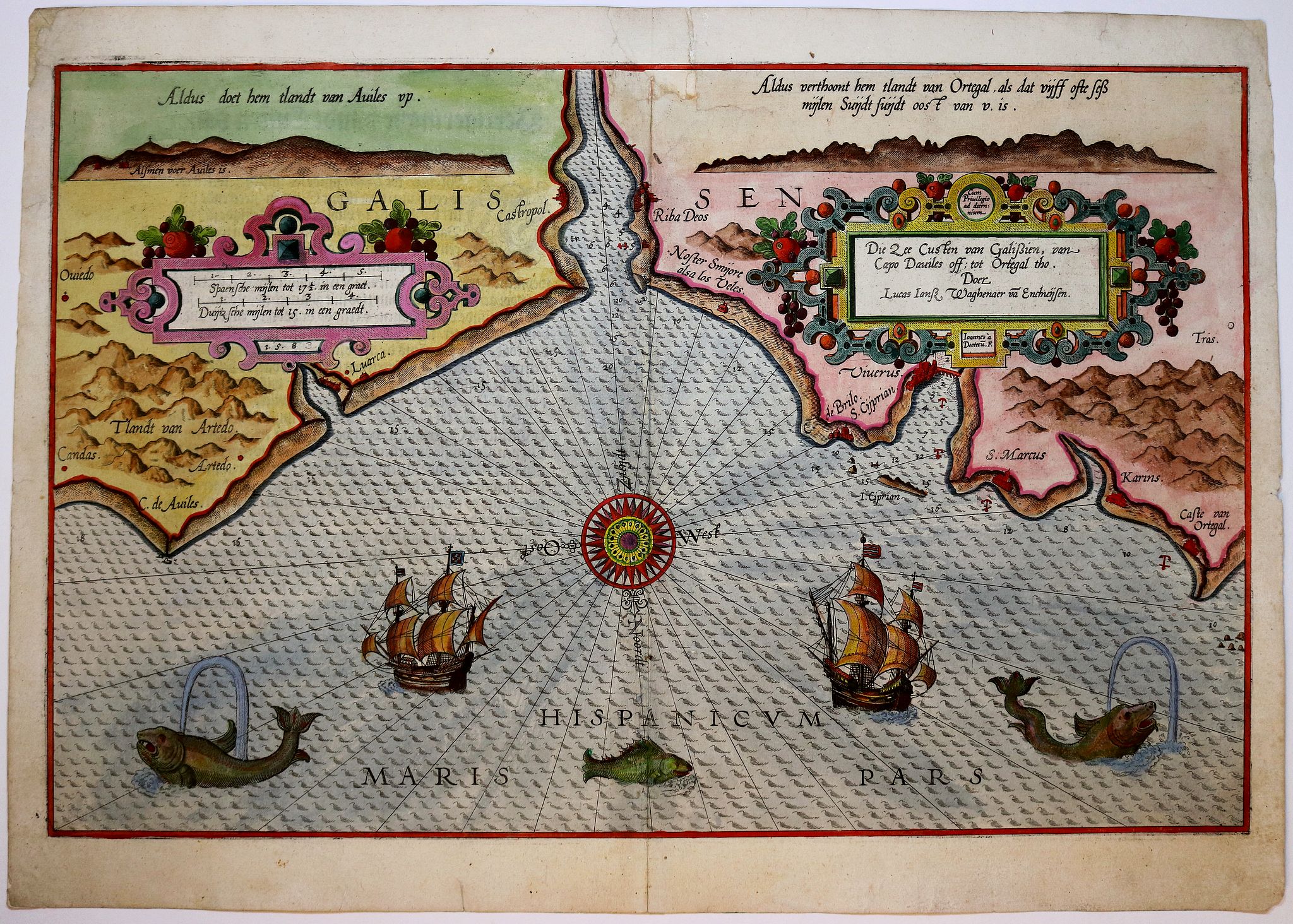 WAGHENAER, L. J., Die Zee Custen van Galissien, van Capo Daviles off tot Ortegal tho., antique map, old maps