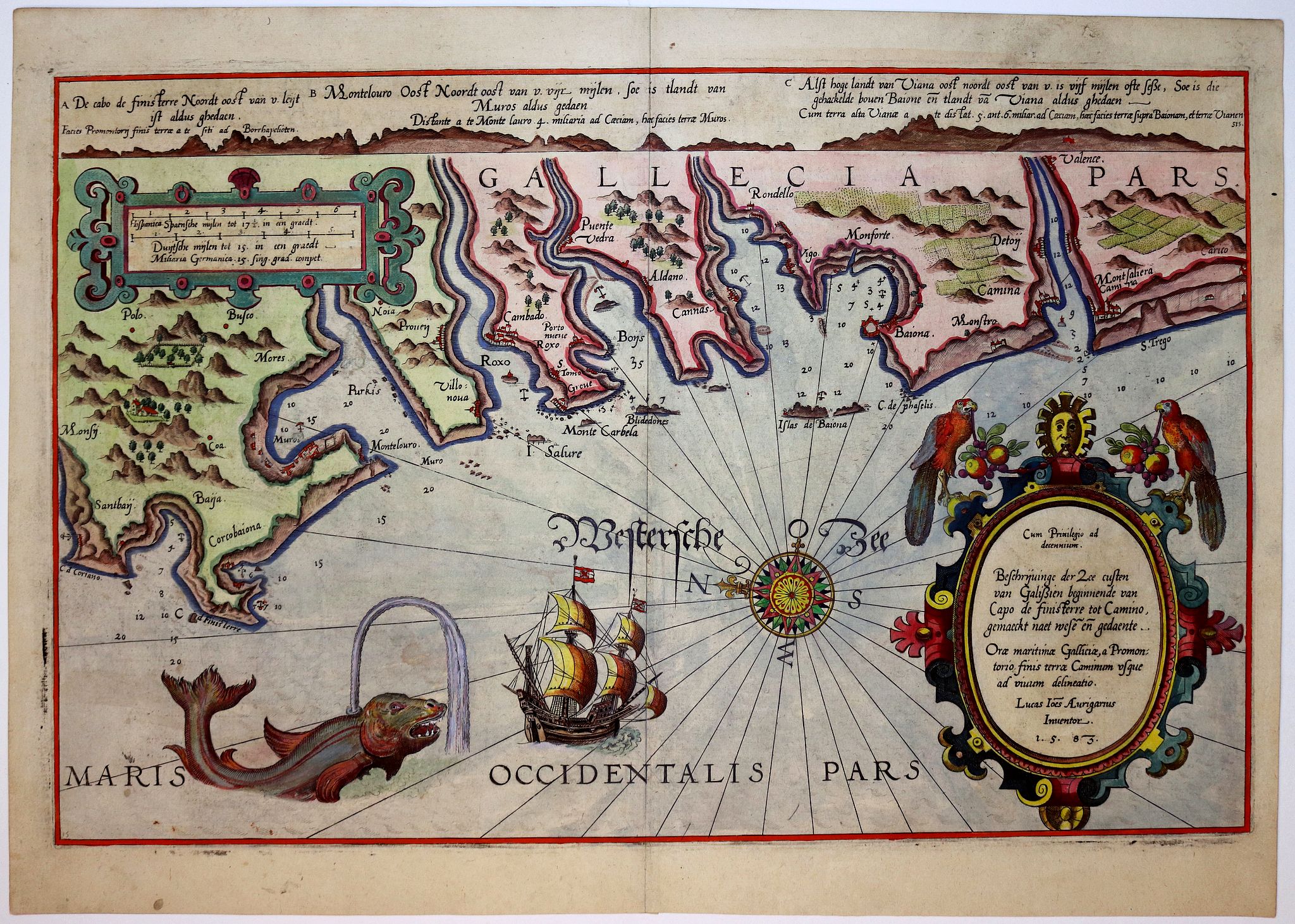 WAGHENAER, L. J., Beschrijvinge der Zee custen van Galissien beginnende van Capo de finisterre tot Camino…, antique map, old maps