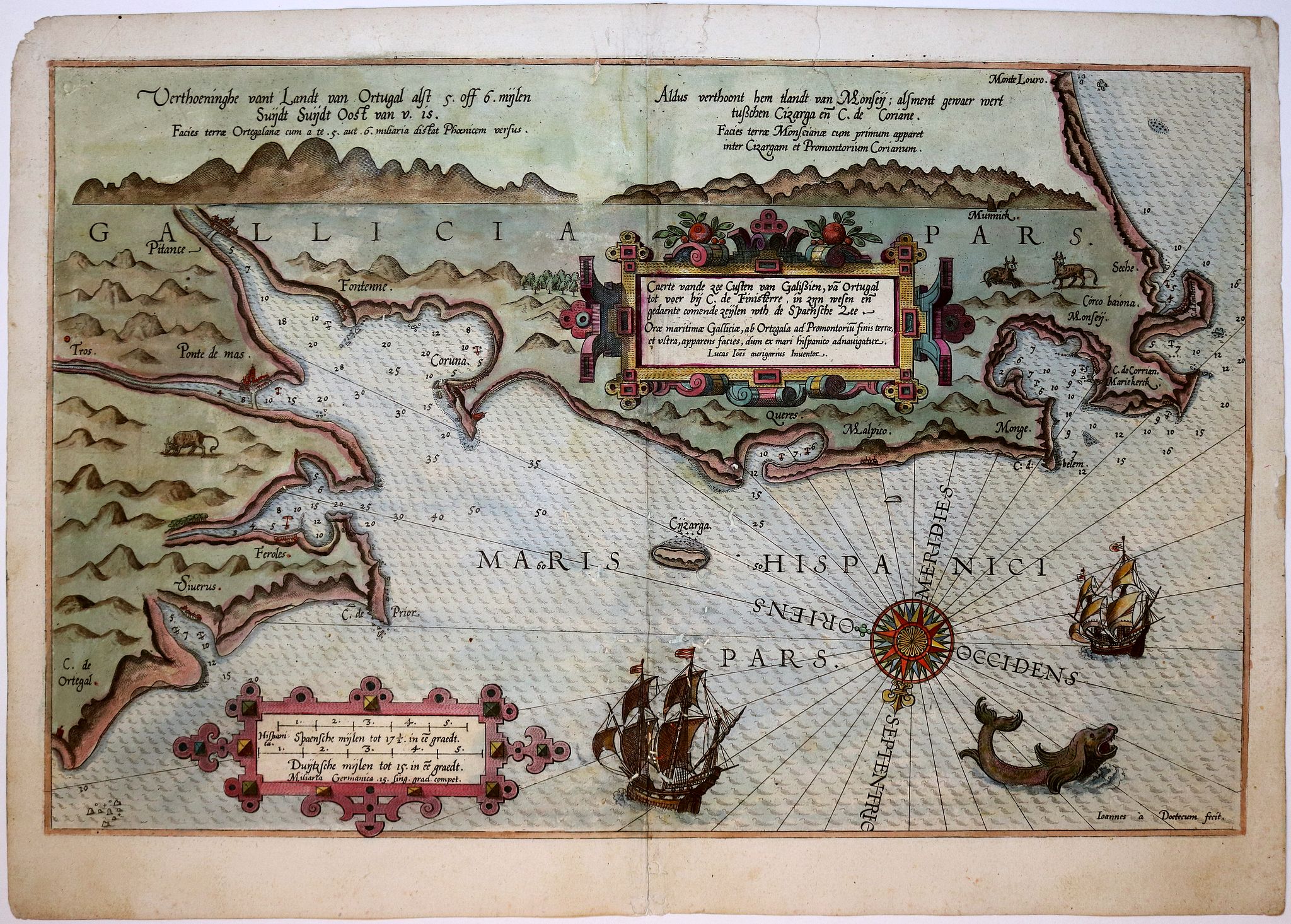 WAGHENAER, L. J., Caerte vande Zee Custen van Galissien, va Ortugal tot voer bij C. de Finisterre., antique map, old maps