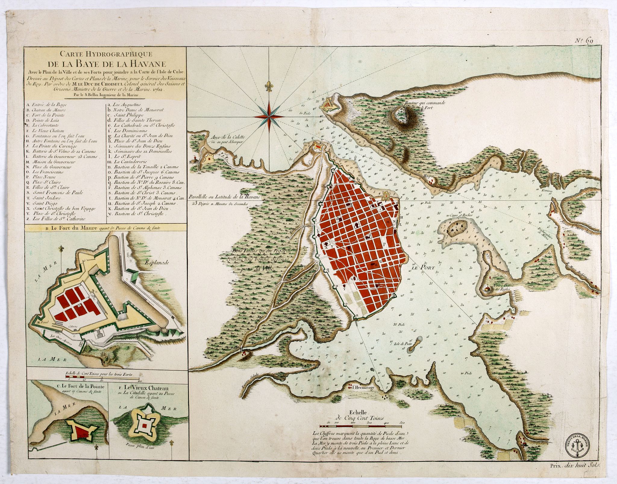 DÉPÔT GÉNÉRAL DE LA MARINE / BELLIN, J.N., Carte Hydrographique de la Baye de la Havane.. N° 69., antique map, old maps