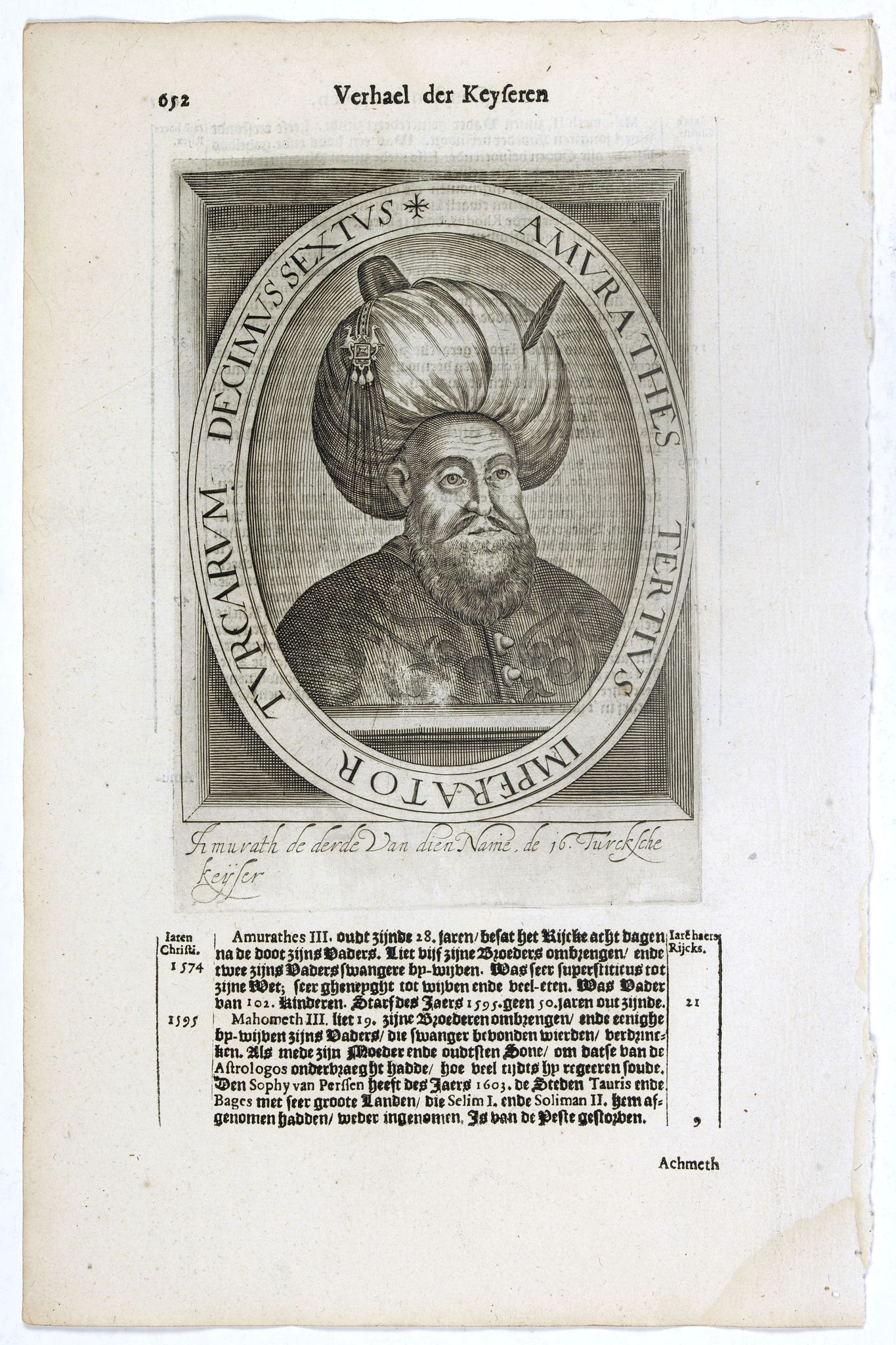 DE CLERCK, N., Amurathes Tertius Imperator Turcarum Decimus Sextus., antique map, old maps