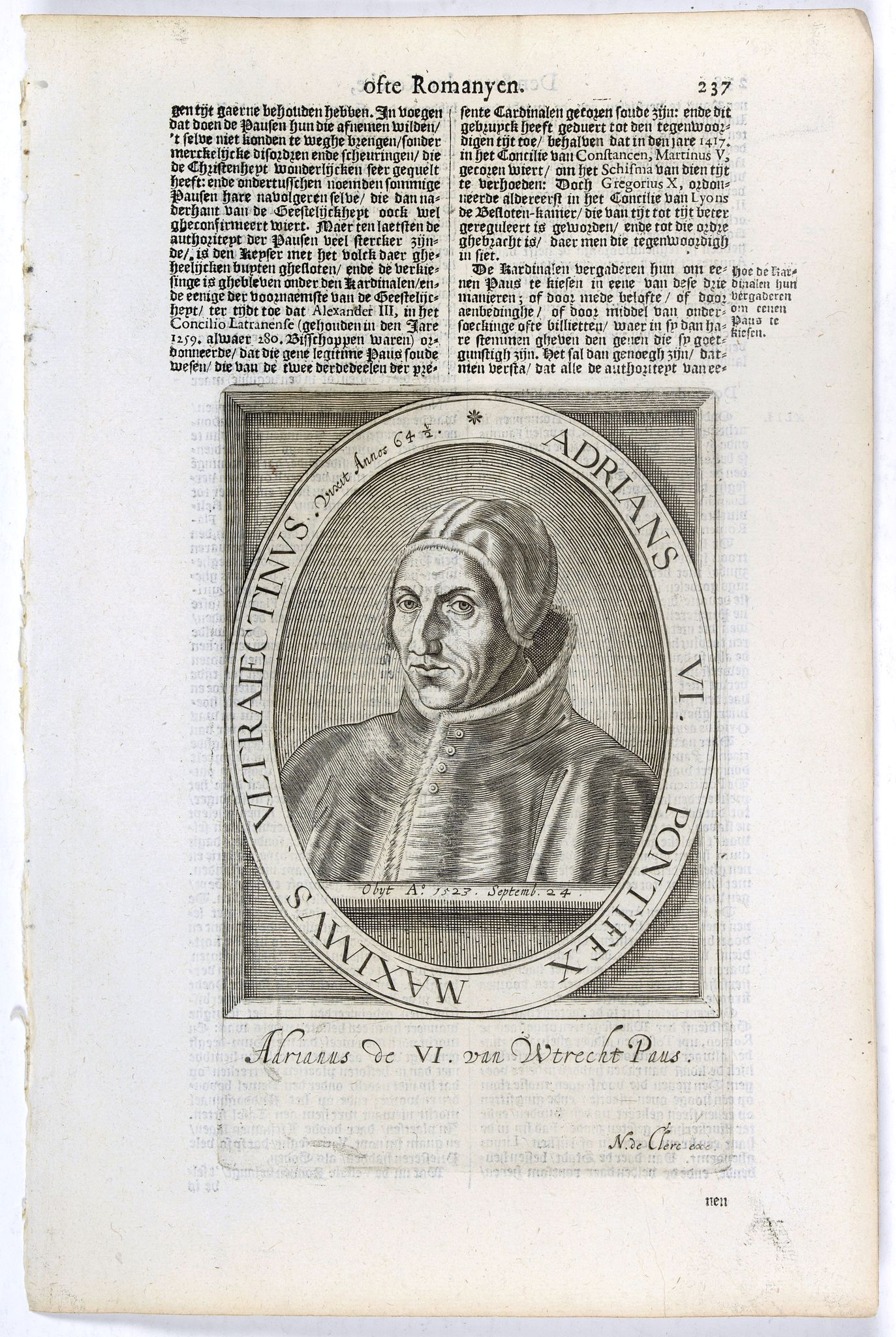 DE CLERCK, N., Adrians VI. Pontifex Maximus Ultraiectinus Vixit Annos 64 1/2., antique map, old maps