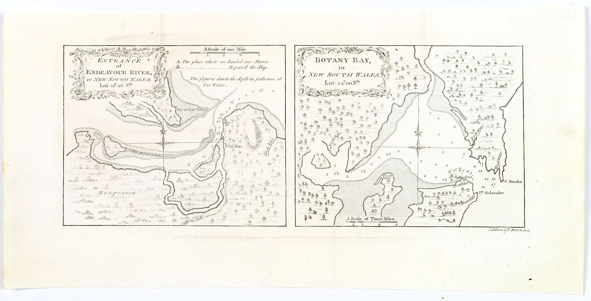 HAWKESWORTH, J., Entrance of Endeavour River / Botany Bay in new South Wales., antique map, old maps