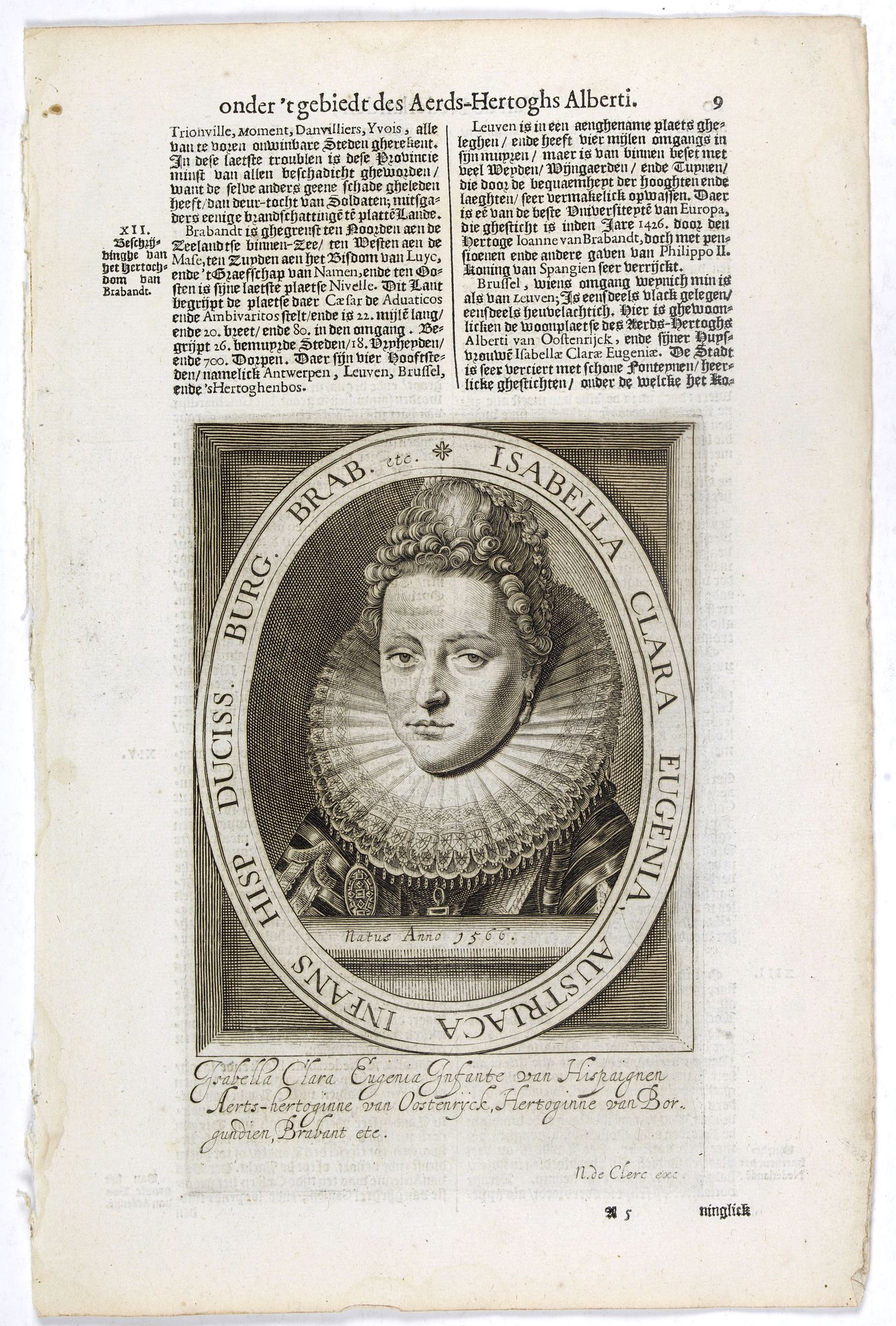 DE CLERCK, N., Isabella Clara Eugenia, Austriaca Infans Hisp. Duciss. Burg. Brab. etc., antique map, old maps