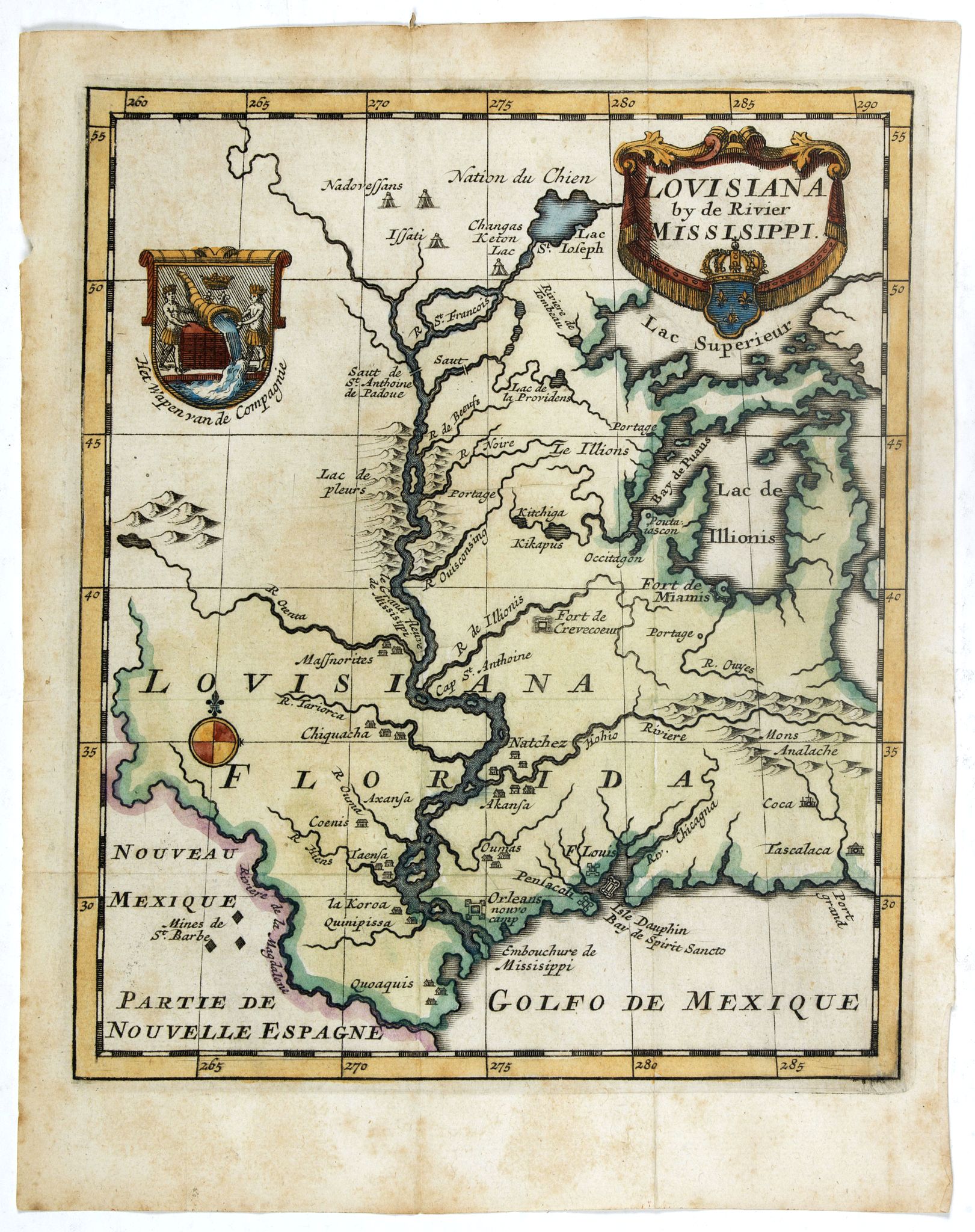 LAW, J., Louisiana by de Rivier Missisippi., antique map, old maps
