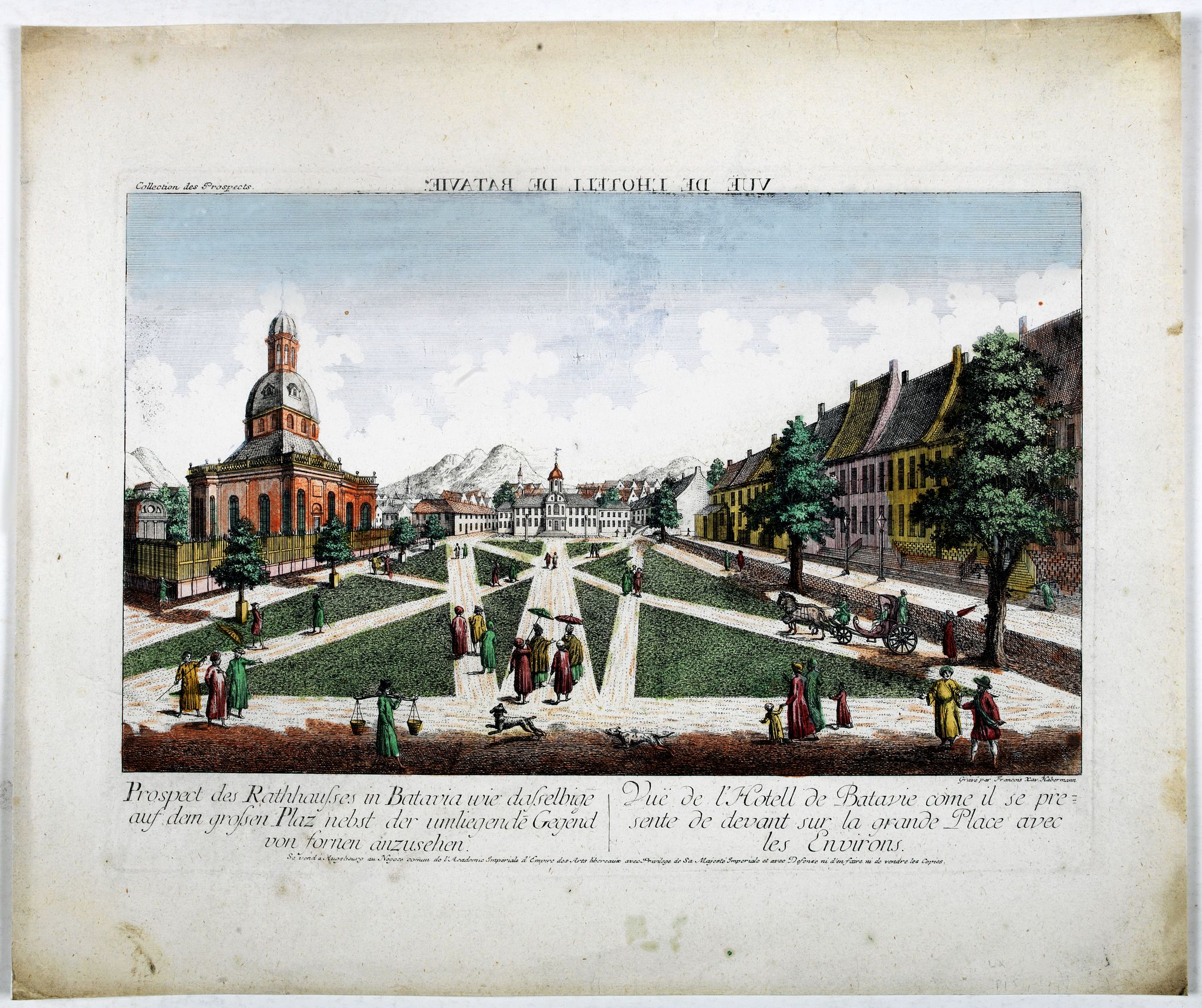ACADEMIE., Prospect des Rathhauses in Batavia wie dasselbige auf dem grossen Platz nebst der um liegende Gegend (von fornen anzusehen)., antique map, old maps