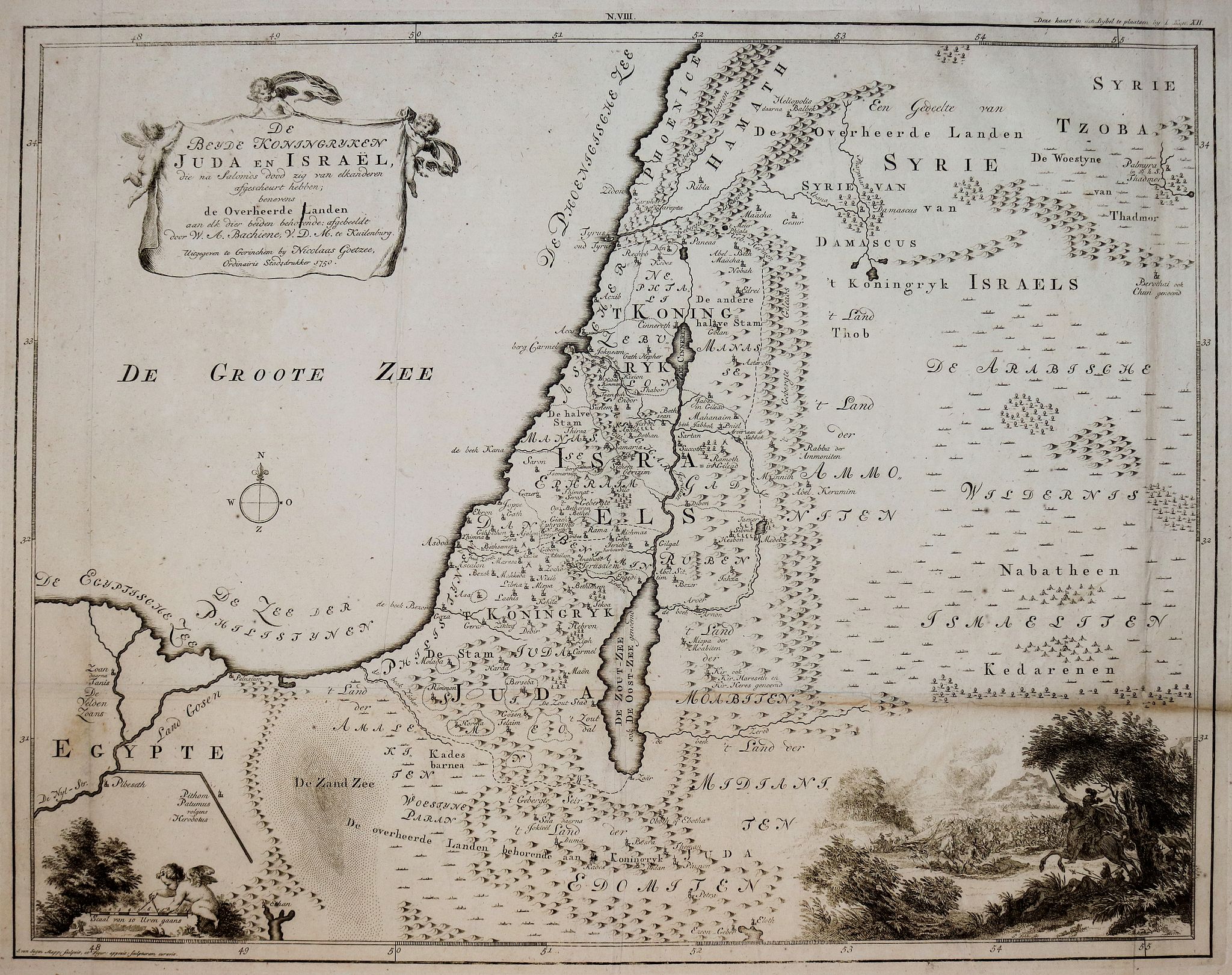 BACHIENE, W.A., De Beyde Koningryken Juda en Israe¨l, die na Salomos dood zig van elkanderen afgescheurt hebben: benevens de Overheerde Landen . ., antique map, old maps