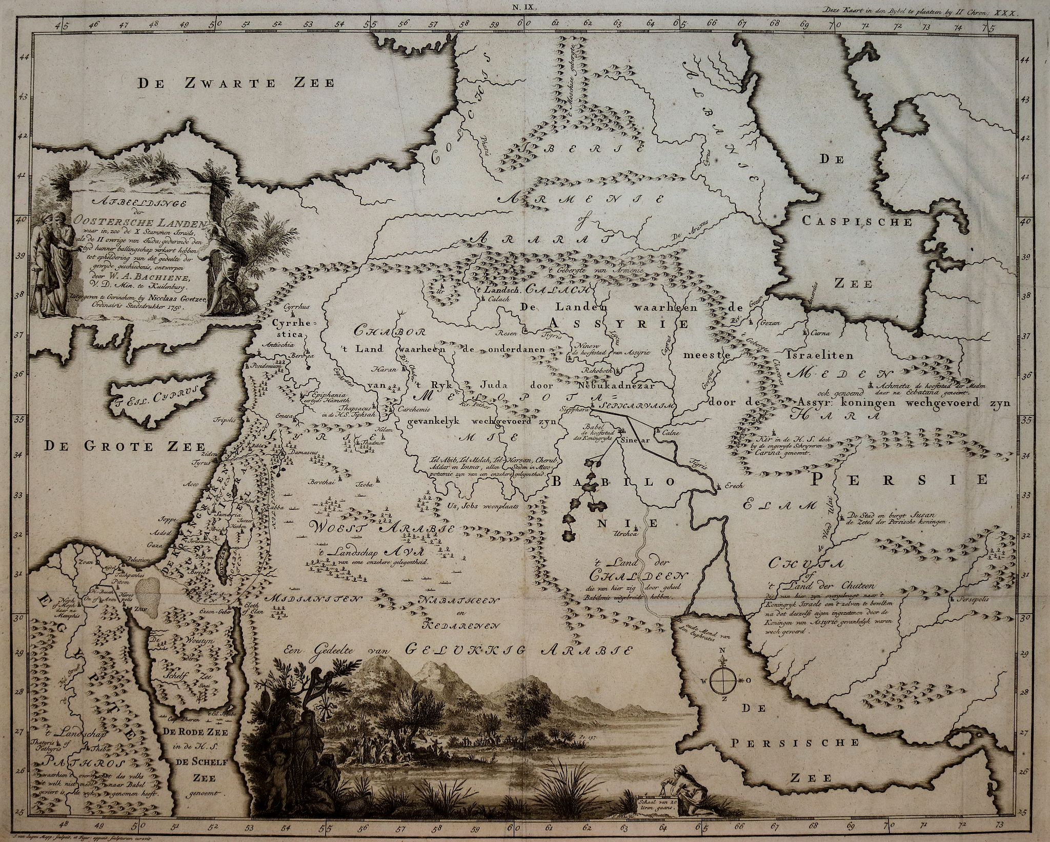 BACHIENE, W.A., AFBEELDINGE DER OOSTERSCHE LANDEN waarin zoo de X stammen Israels als de II overige van Juda gedurende den tijd hunner ballingschap verkeert hebben. . ., antique map, old maps