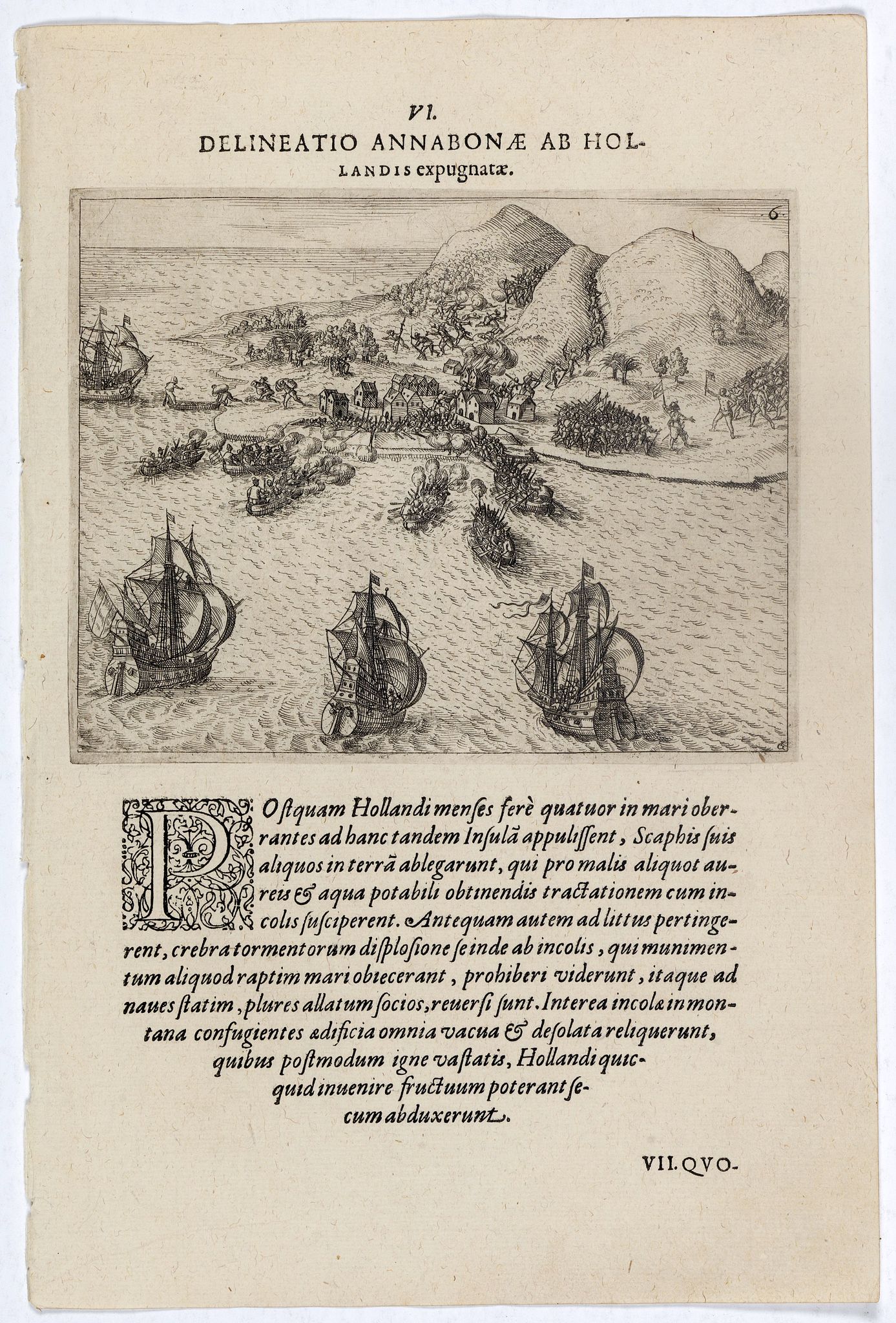 DE BRY, Th., Delineatio Annabonae ab Holandis Expugnatae. (The Dutch attack on the Portuguese at Ambon Island), antique map, old maps