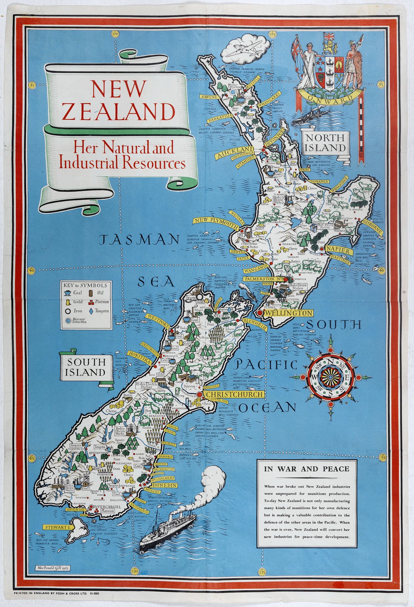 MACDONALD GILL, L., New Zealand. Her Natural and Industrial Recources., antique map, old maps