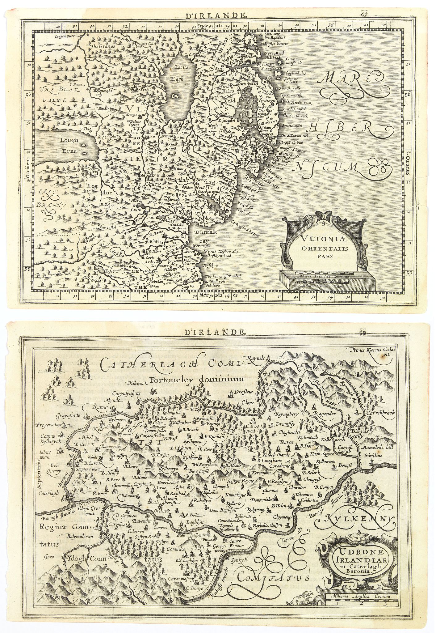 HONDIUS, J ./ CLOPPENBURG, J., Ultoniae Orientalis Pars / Udrone Irlandiae in Caterlagh Baronia., antique map, old maps