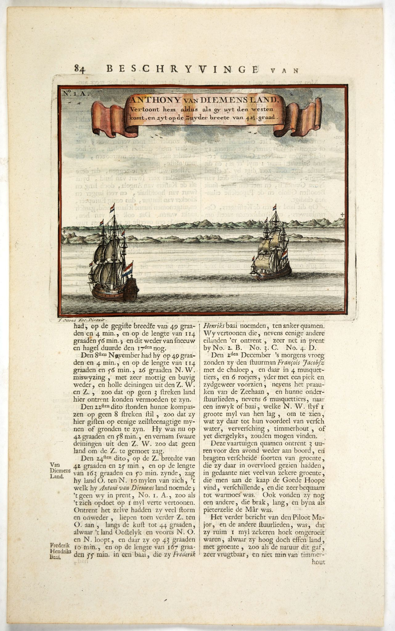 VALENTIJN, F., Anthony van DiemensLand. Vertoont hem aldus als gy uyt den westen komt, en zyt op de Zuyder breete van 42 1/2 graad., antique map, old maps