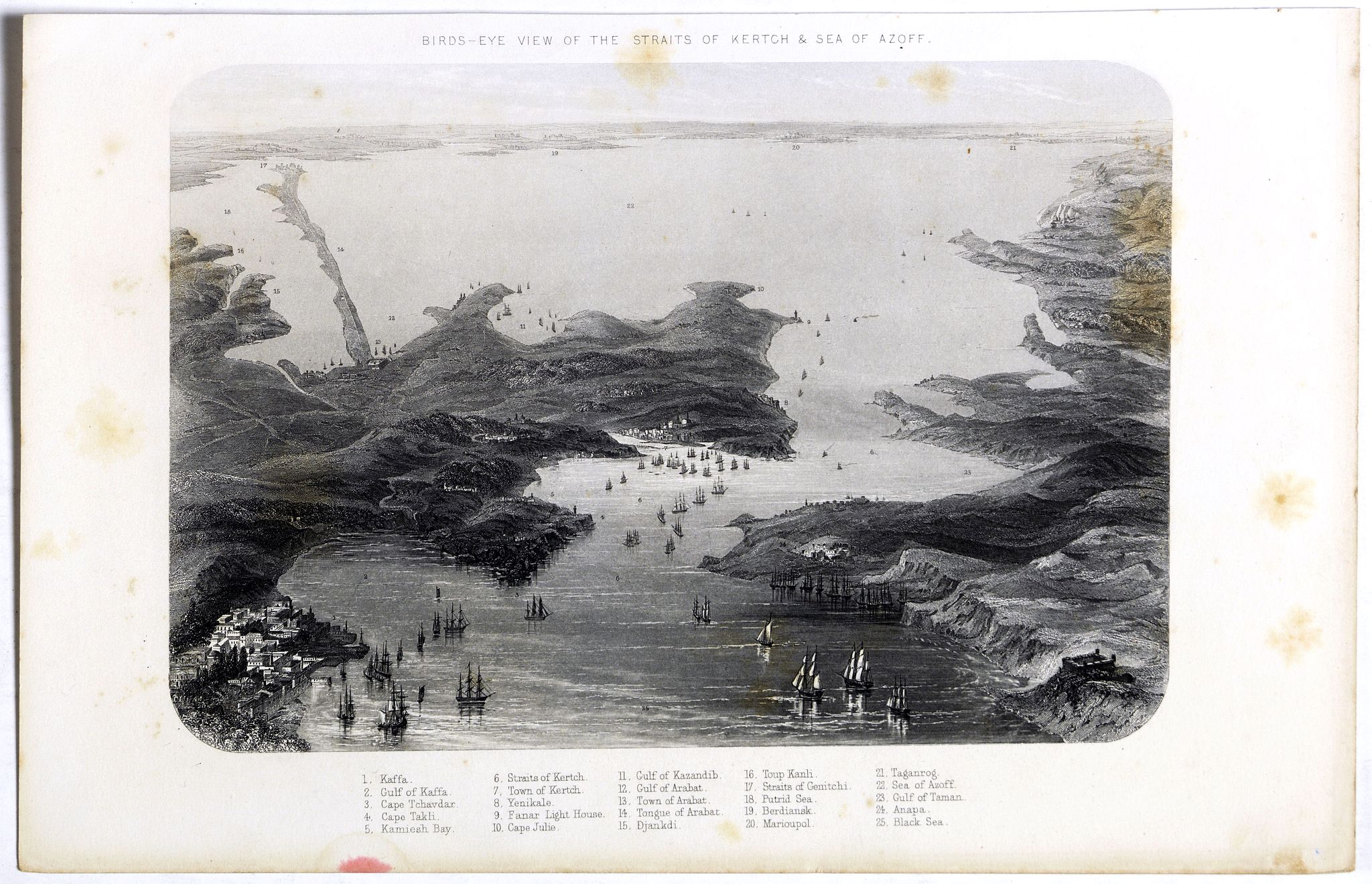 VIRTUE, J., Birds-eye view of the Straits of Kertch & Sea of Azoff., antique map, old maps