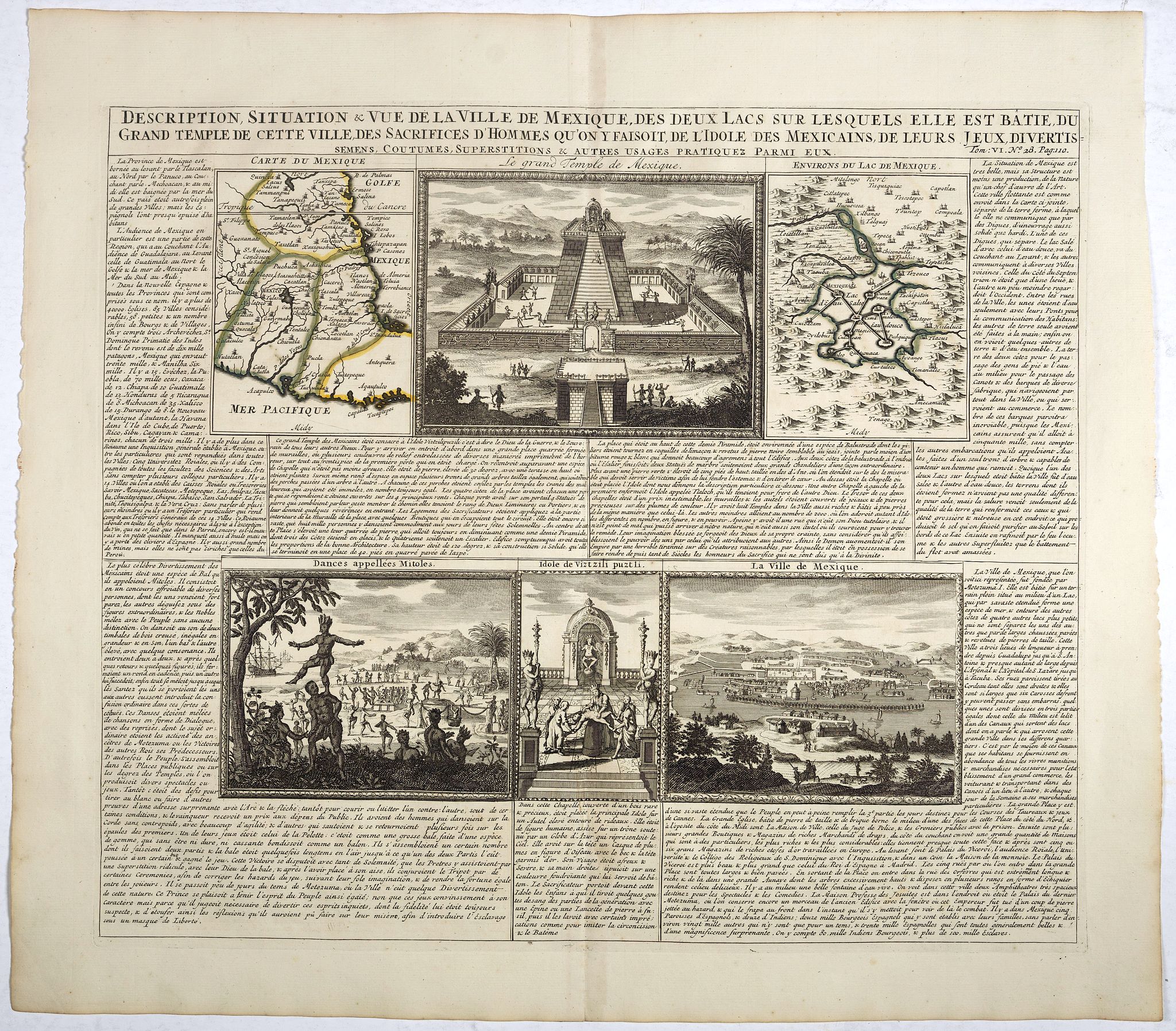 CHATELAIN,H., Description, situation et vue de la ville de Mexique des deux Lacs..Grand Temple.., antique map, old maps