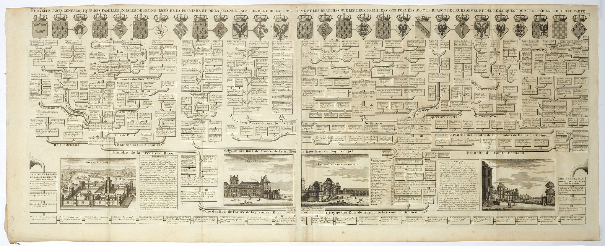 CHATELAIN, H., Nouvelle carte généalogique des familles Roiales de France . . ., antique map, old maps