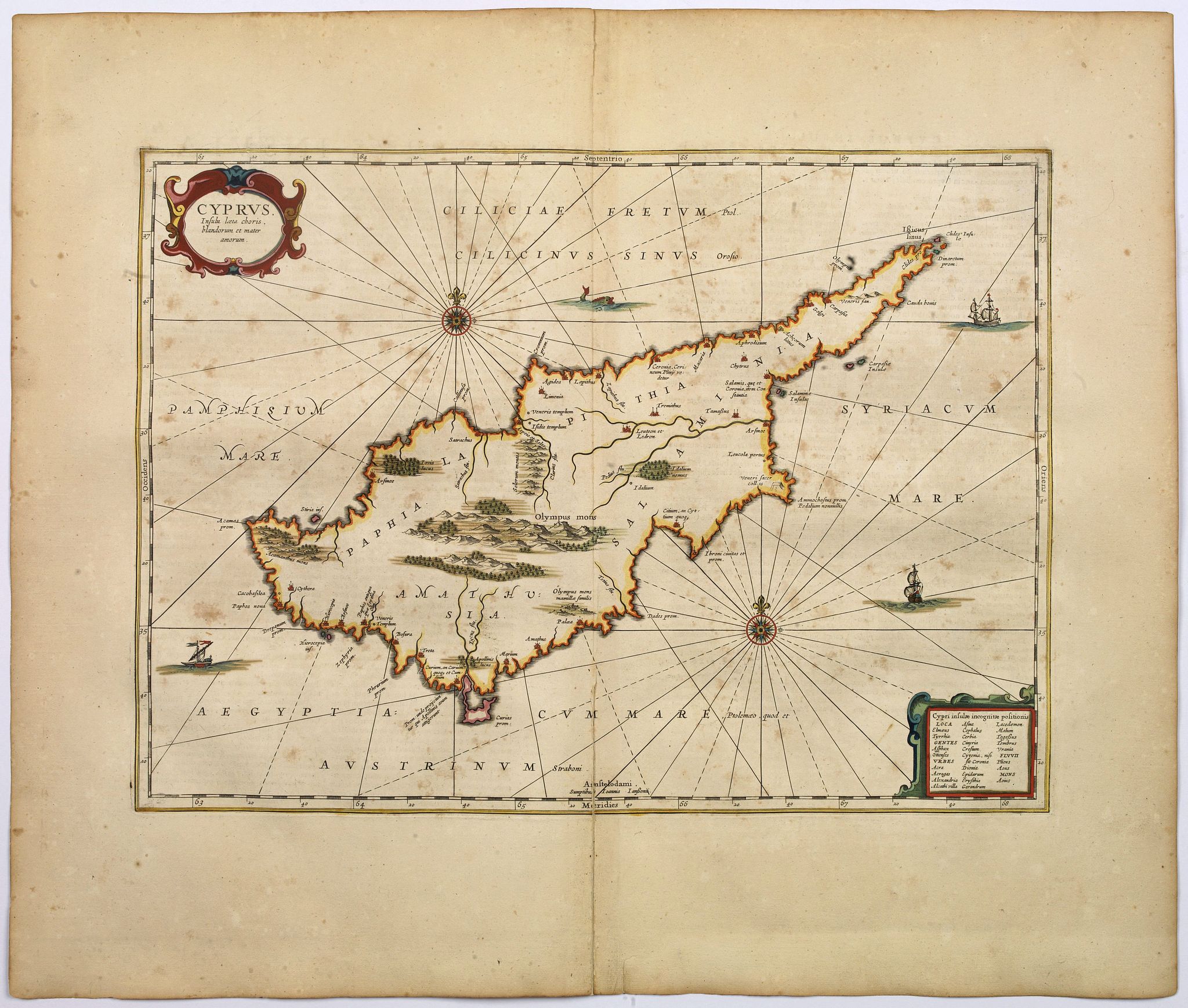 JANSSONIUS, Jan, Cyprus Insula laeta choris, blandorum et mater amorum., antique map, old maps