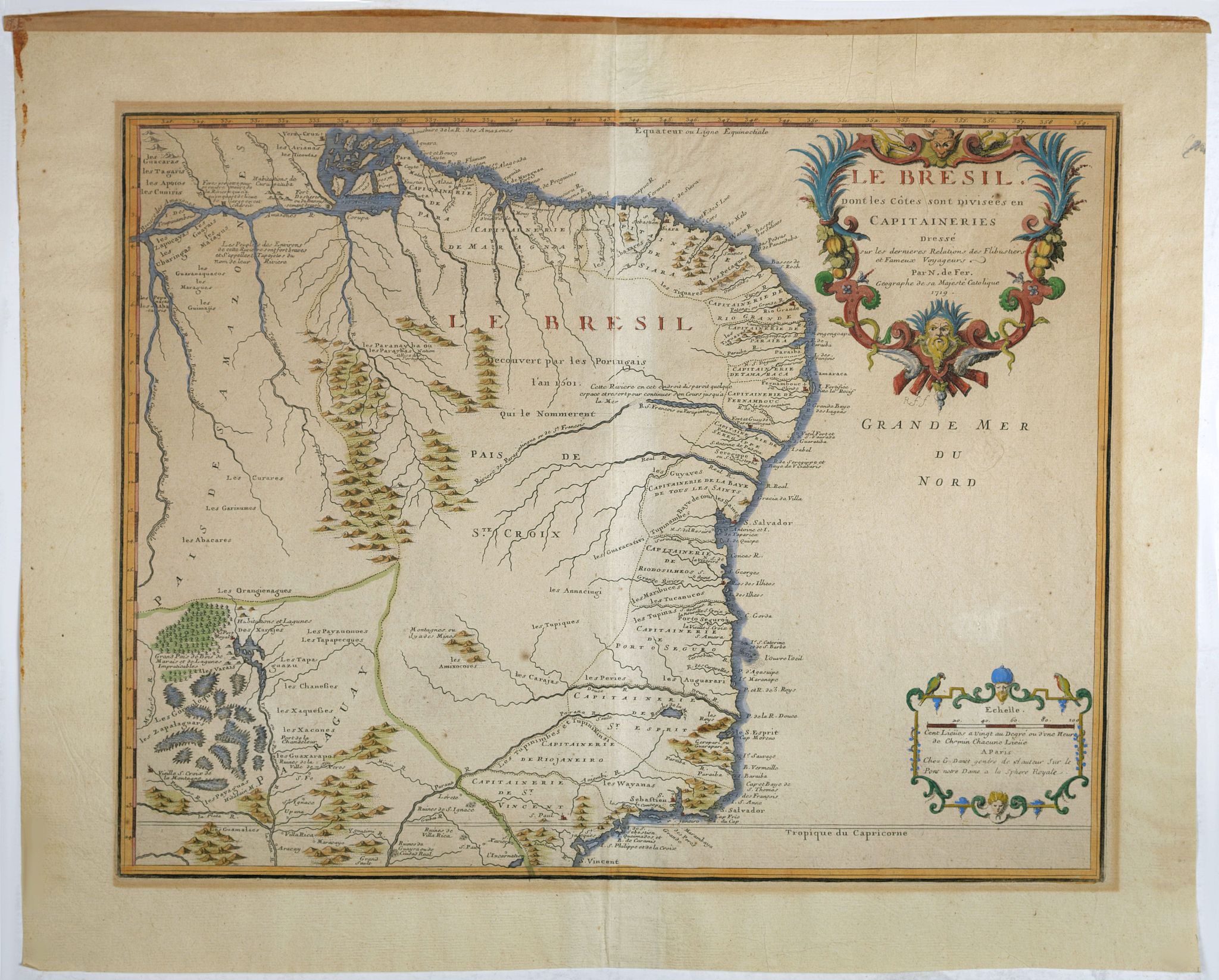 DE FER, N. / DANET, G., Le Bresil, dont les côtes sont divisées en capitaineries Dressé sur les dernières rélation. . ., antique map, old maps