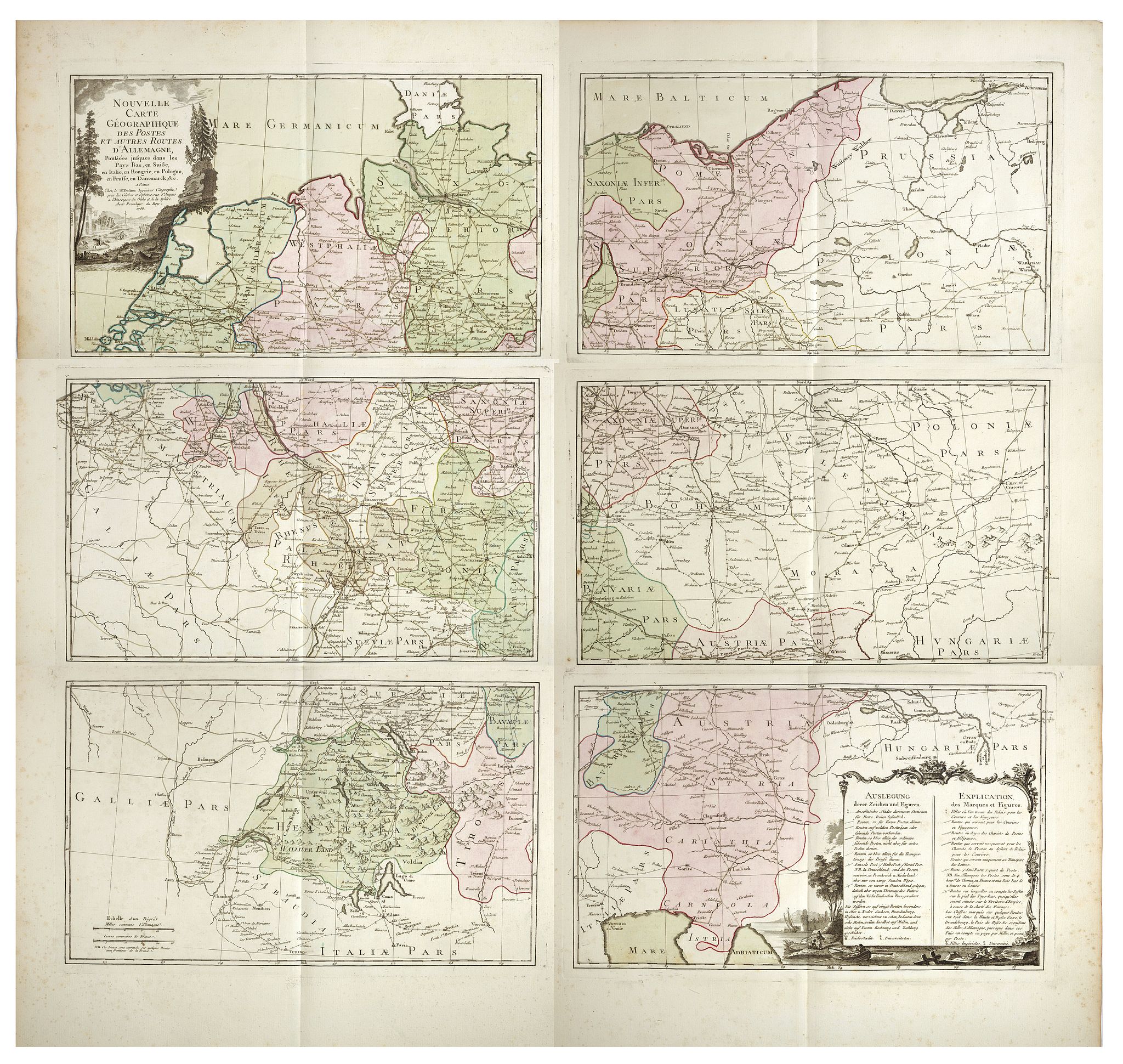 DESNOS, Louis Charles, Nouvelle carte géographique des postes et autres routes d'Allemage,, antique map, old maps