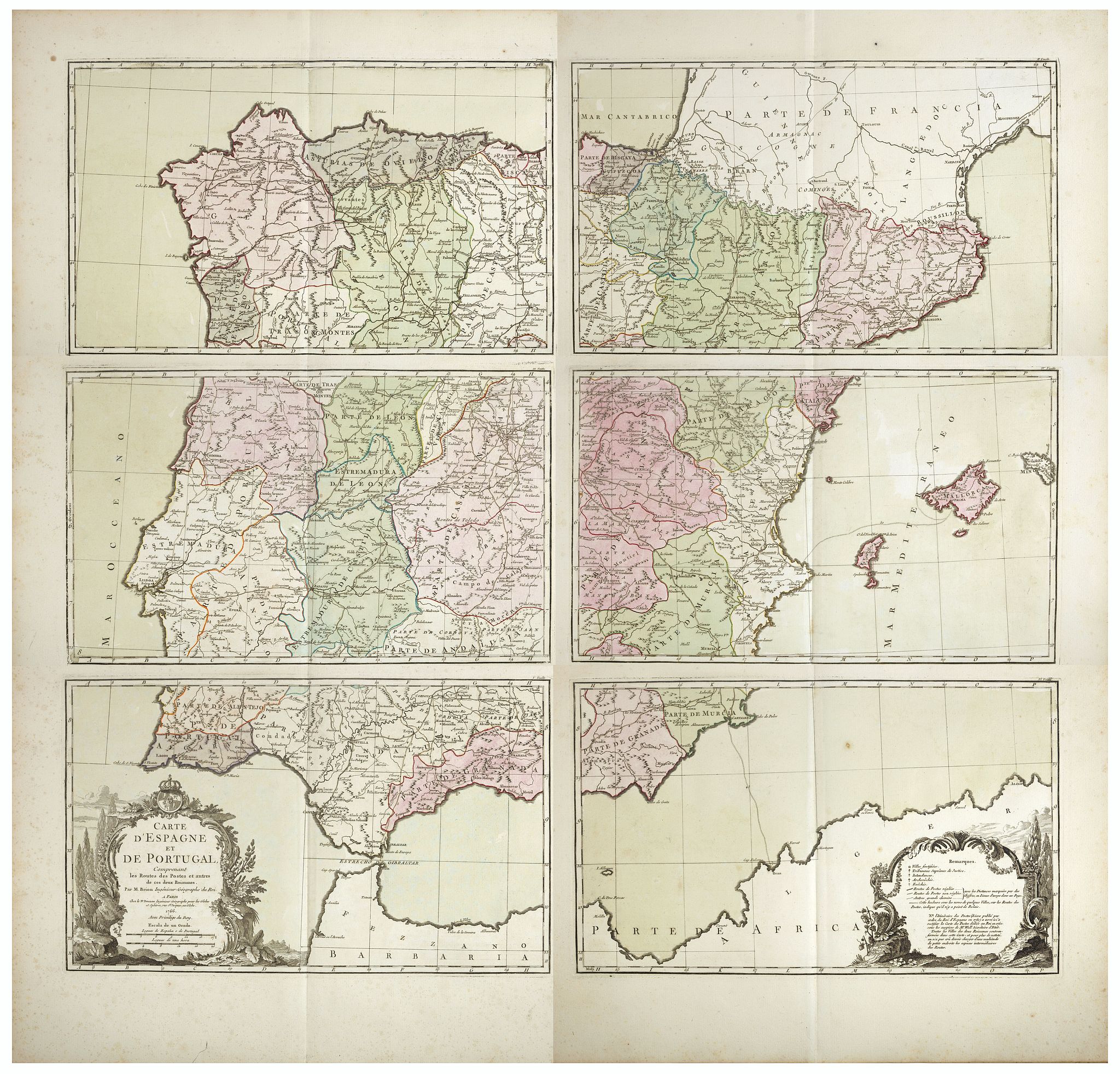 DESNOS, Louis Charles, Carte d'Espagne et de Portugal, comprenant les routes des postes et autres de ces deux roiaumes.? . ., antique map, old maps