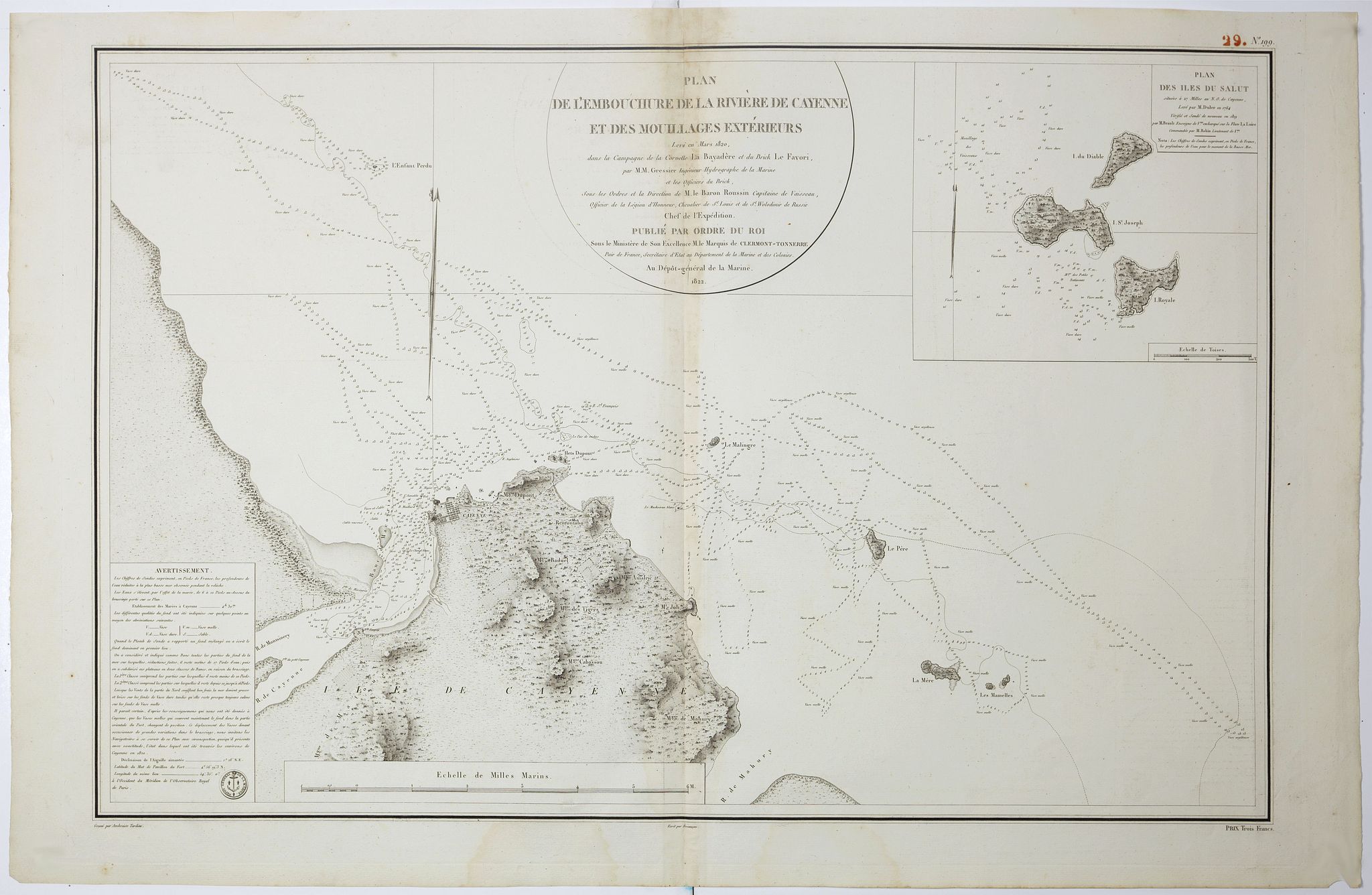 DÉPOT DE LA MARINE:, Plan de l'Embouchure de la Rivière de Cayenne et des Mouillages extérieures. . ., antique map, old maps