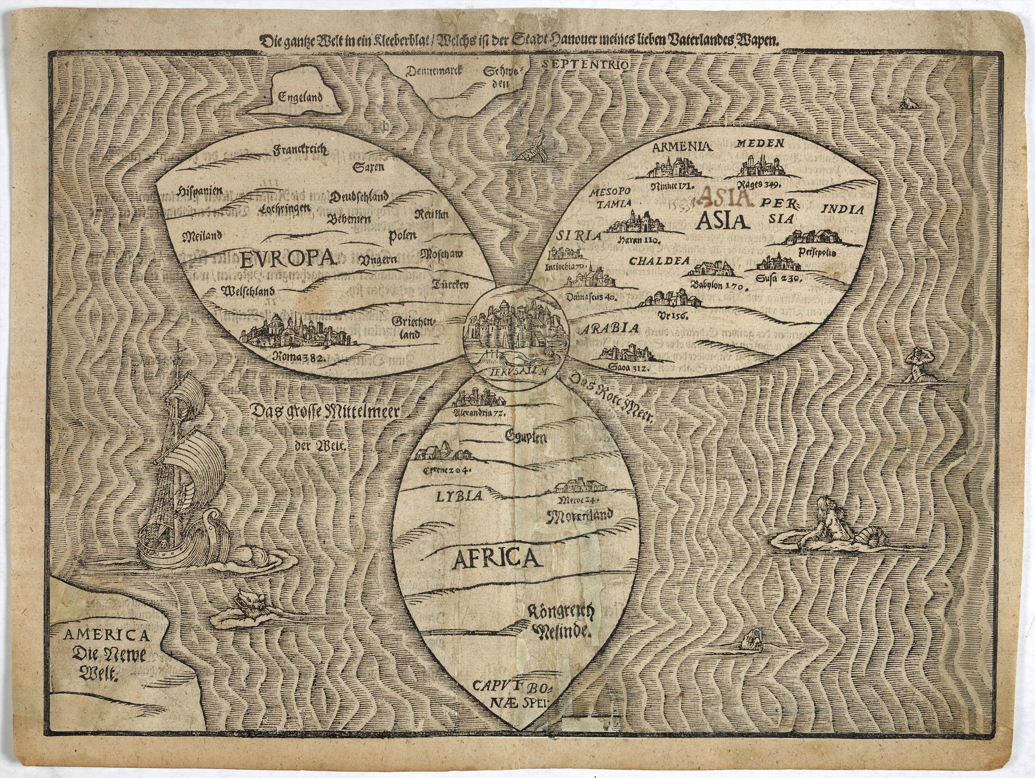 BÜNTING, H., Die gantze Welt in ein Kleberblatt.., antique map, old maps