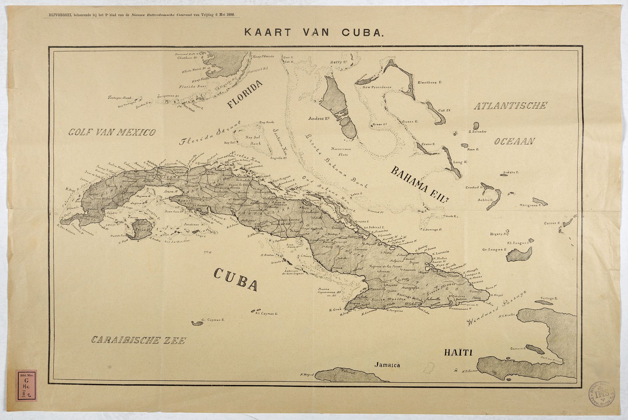 NIEUWE ROTTERDAMSE COURANT, Kaart van Cuba. Bijvoegsel behoorende bij het 2e blad van de nieuwe Rotterdamsche Courant van Vrijdag 6 Mei 1898., antique map, old maps