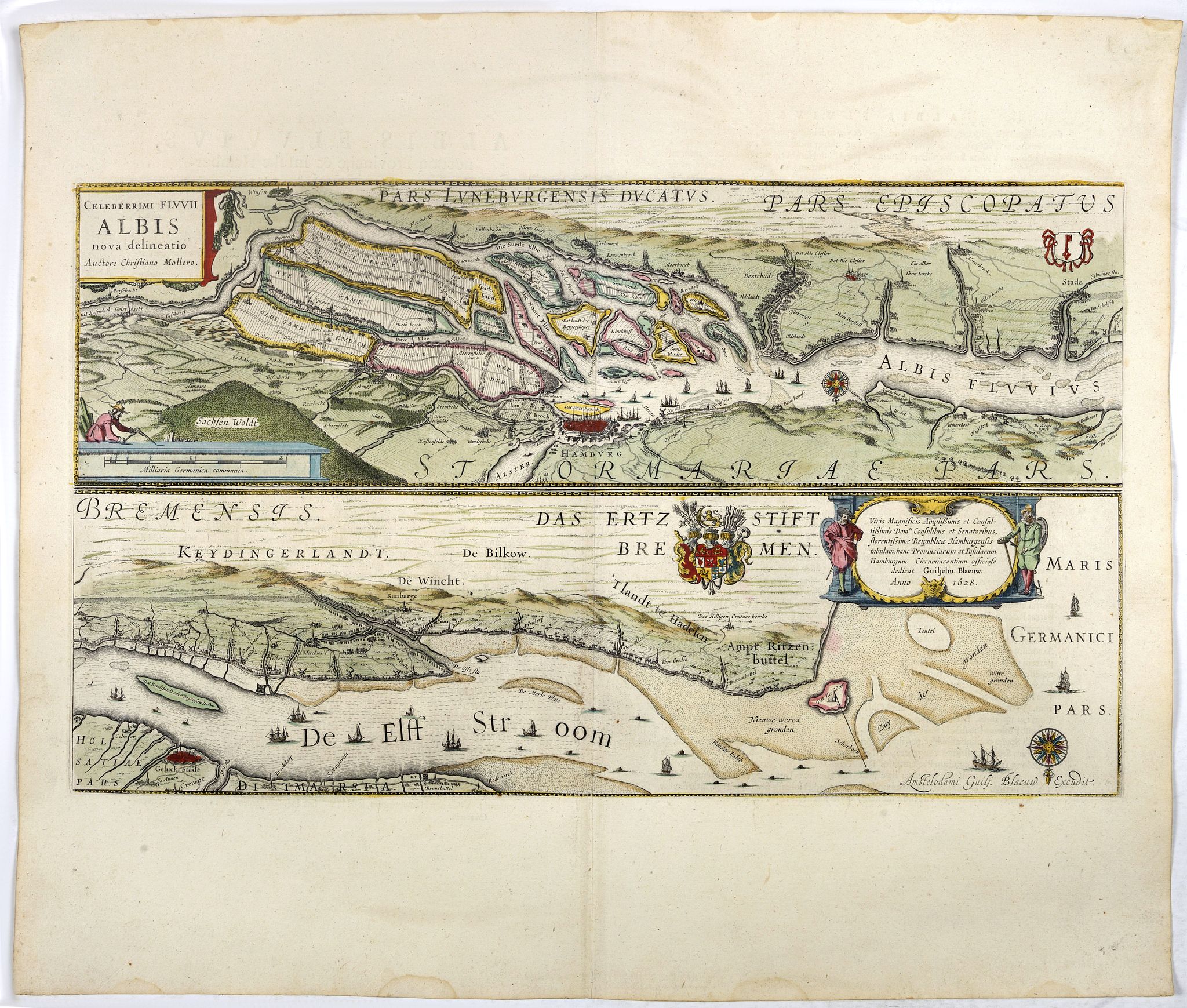 BLAEU, W., Celeberrimi Fluvis Albis nova delineatio., antique map, old maps
