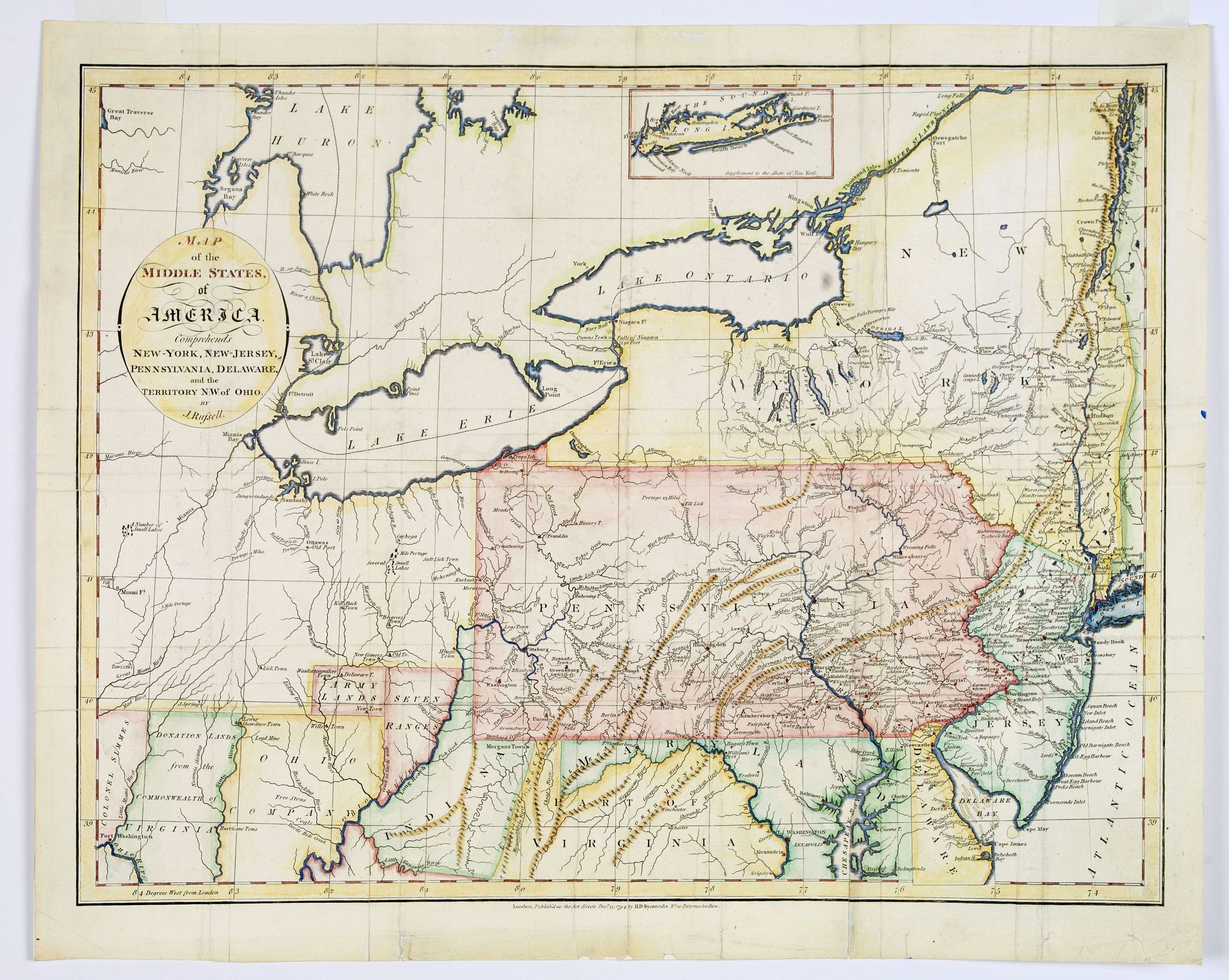 RUSSELL, J., Map of the Middle States of America, comprehends New-York, New-Jersey, Pennsylvania, Delaware, and the Territory N.W. of Ohio., antique map, old maps