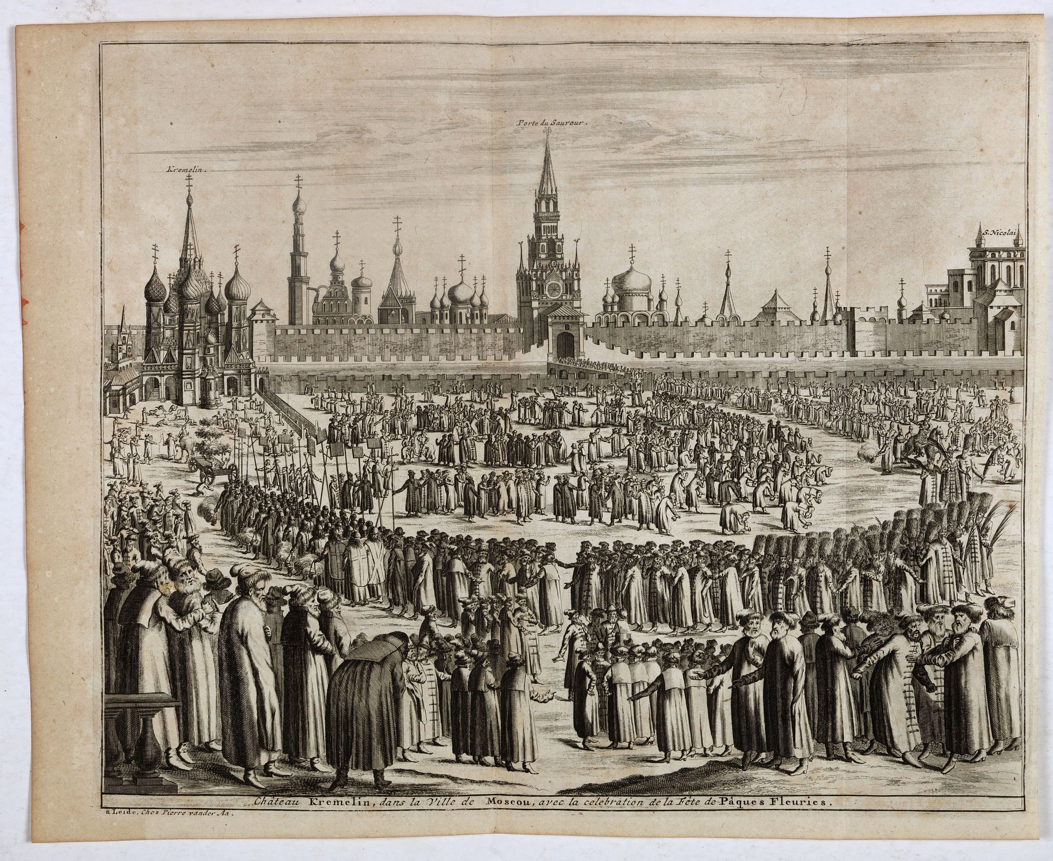VAN DER AA, P. / OLEARIUS, A., Château Kremlin, dans la ville de Moscou, avec la celebration de la fête de Pâques fleuries., antique map, old maps