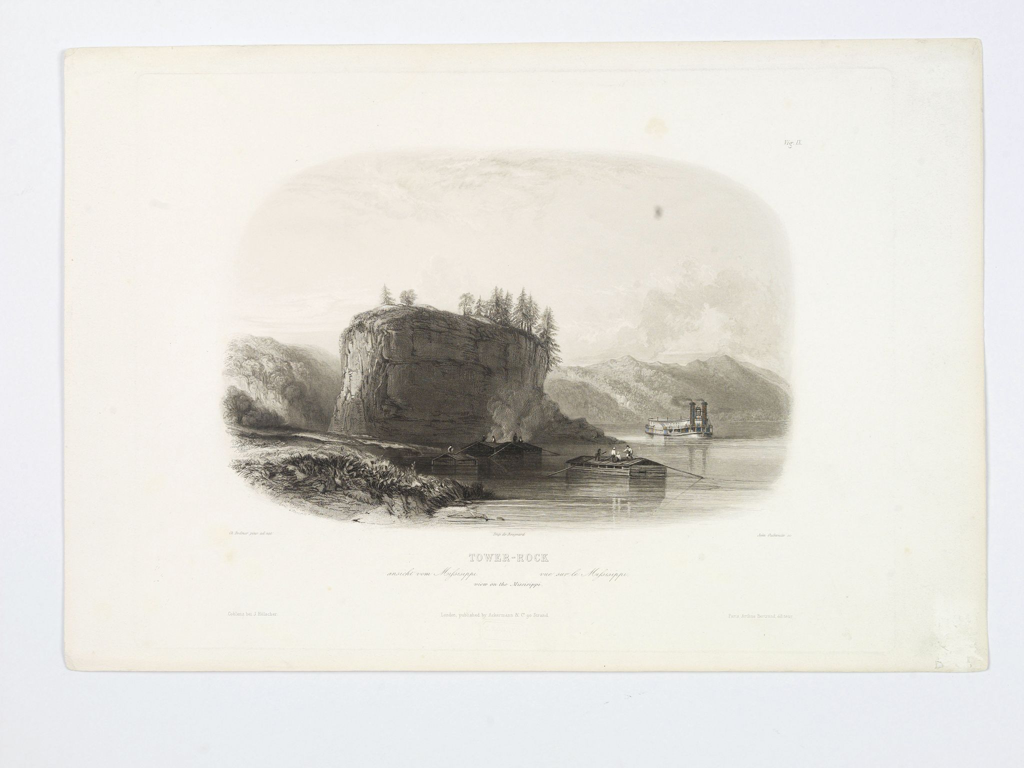 BODMER, Karl., Tower Rock, view on the Mississippi., antique map, old maps