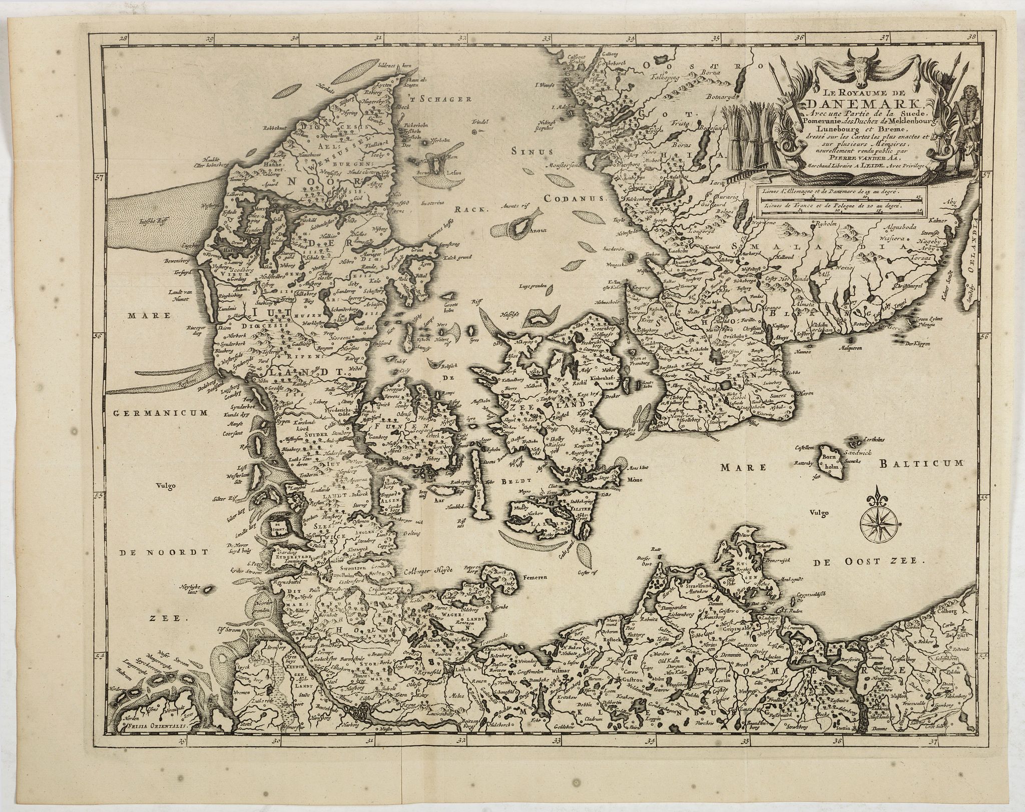 VAN DER AA, P. / OLEARIUS, A., Le Royaume de Danermark . . ., antique map, old maps