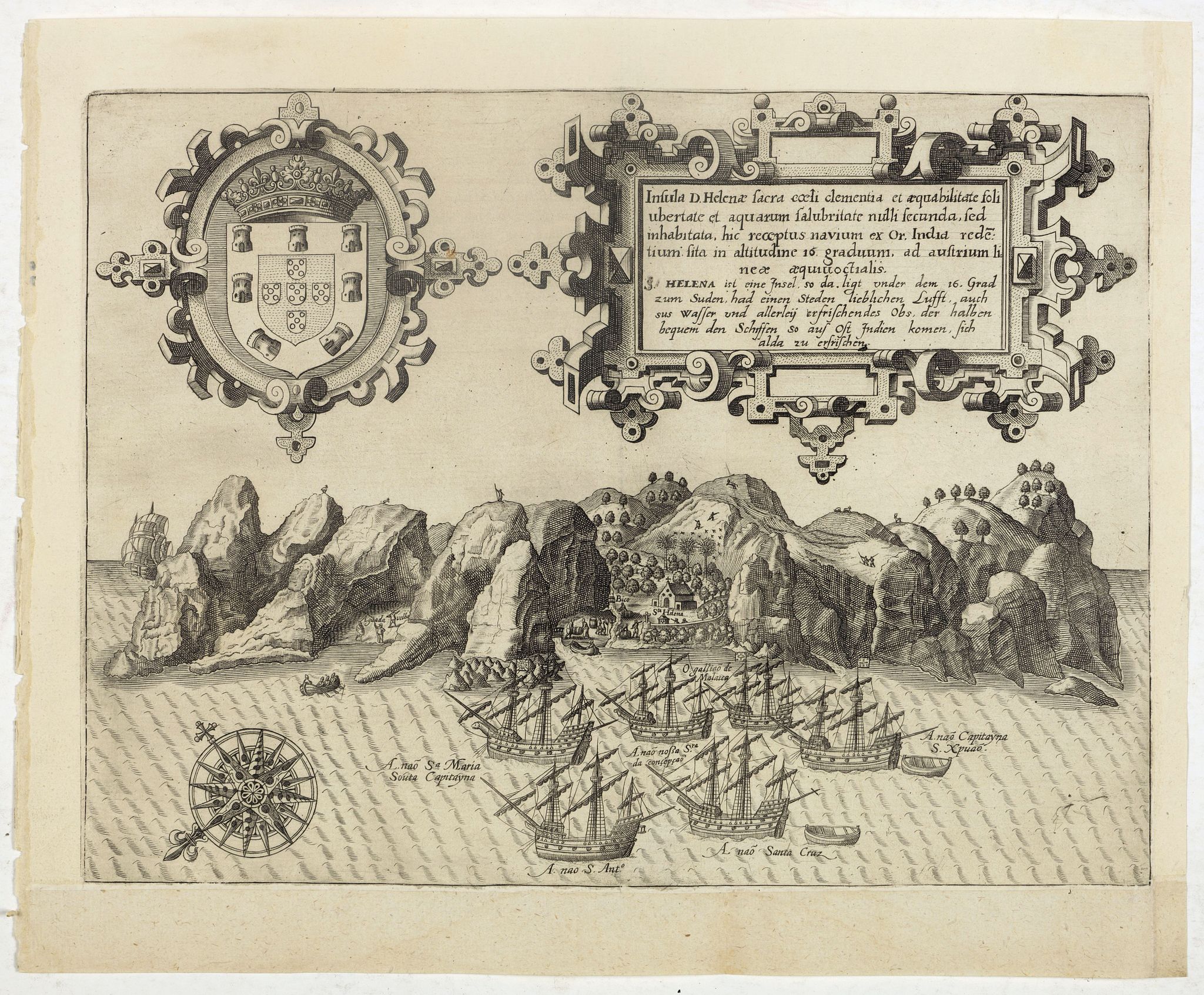 DE BRY, Th., Vera effigies et delineatio Infulce Ascenstio. (St. Helena), antique map, old maps