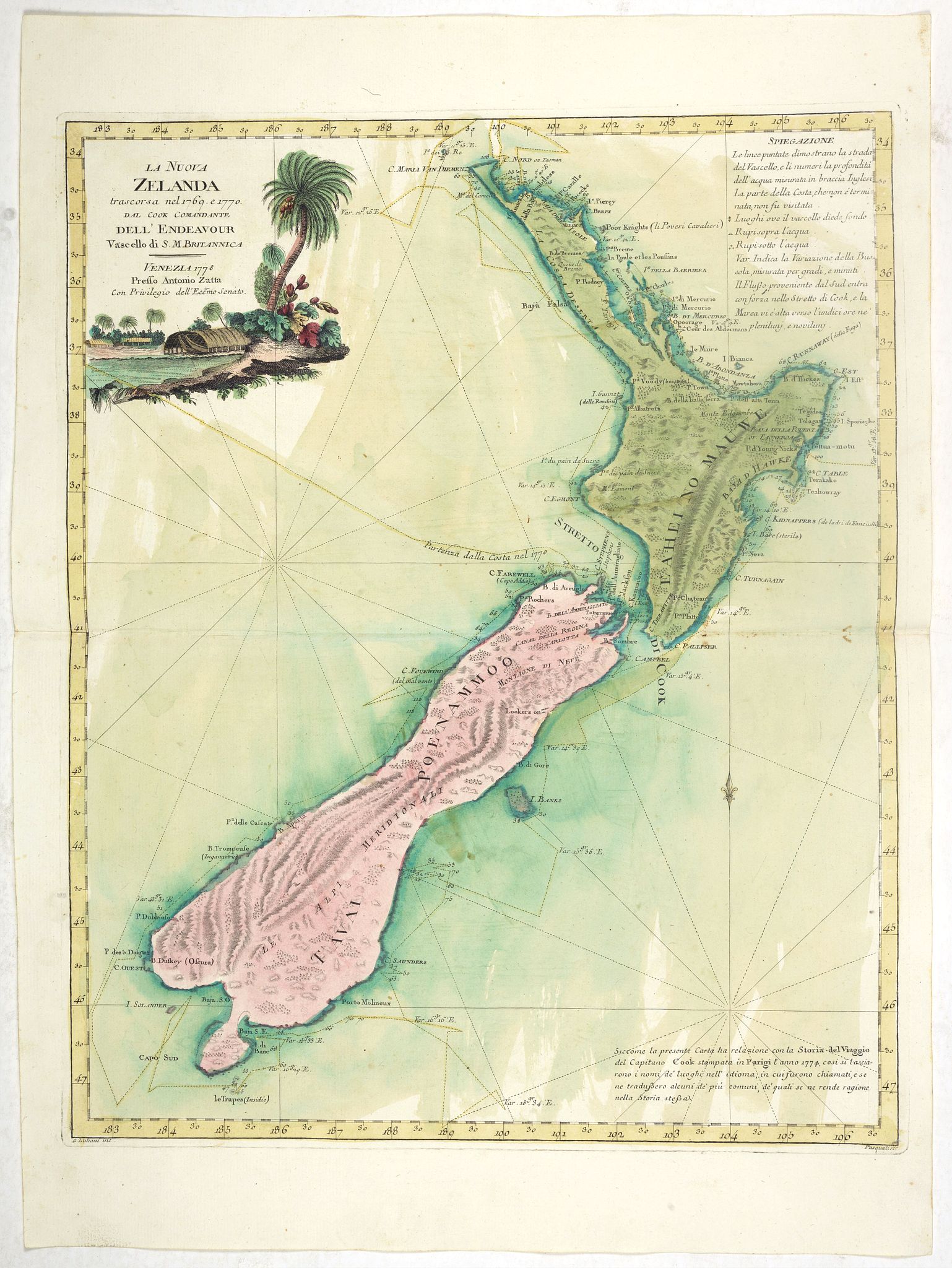 ZATTA, A., La Nuova Zelanda tracorsa nel 1769 e 1770 dal Cook commandante dell' Endeavour Vascello di S.M.Britannica., antique map, old maps