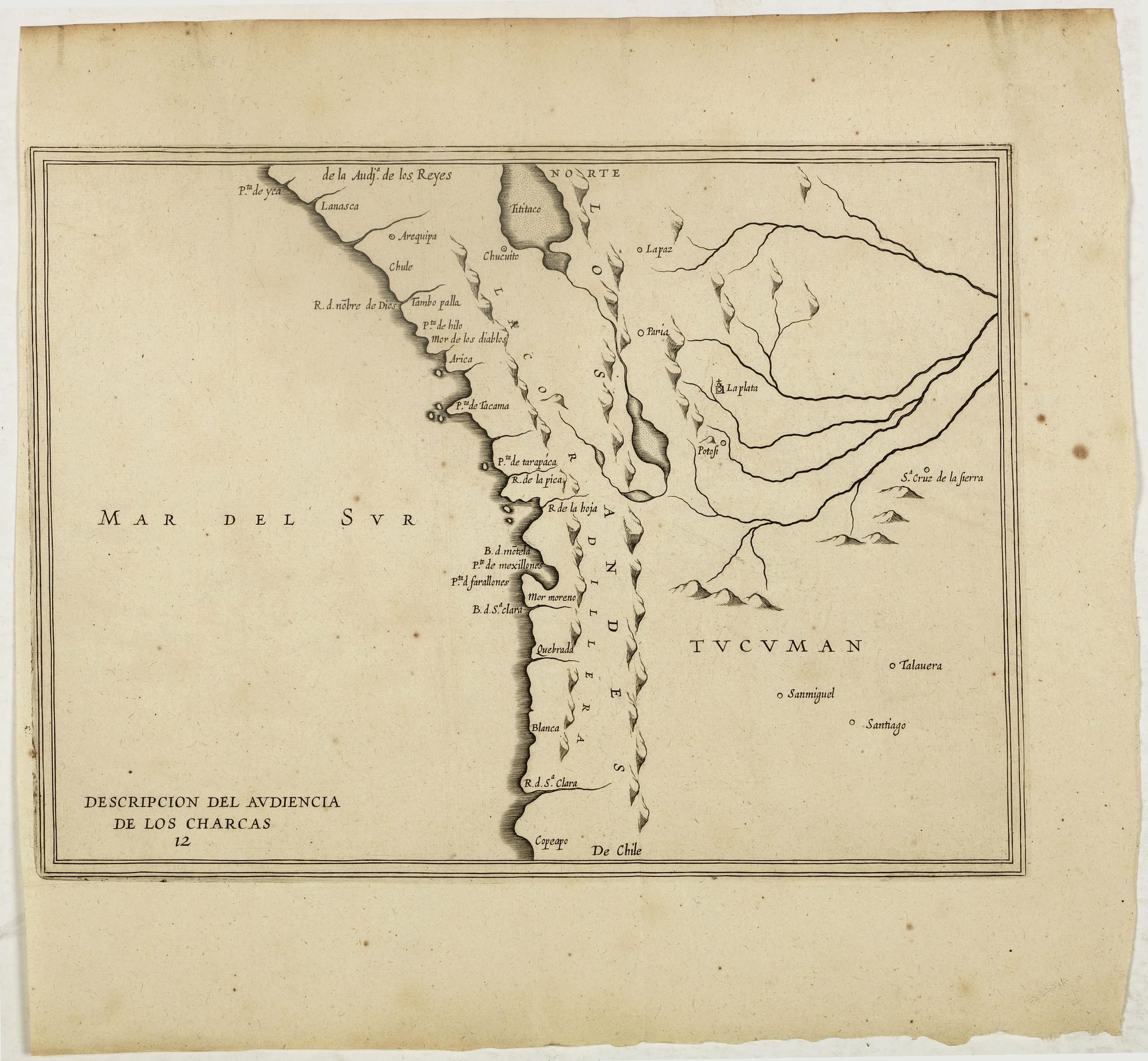 HERRERA y TORDESILLAS, A. de., Descripcion Del Audiencia De los Charcas (Chile, Bolivia, Peru), antique map, old maps