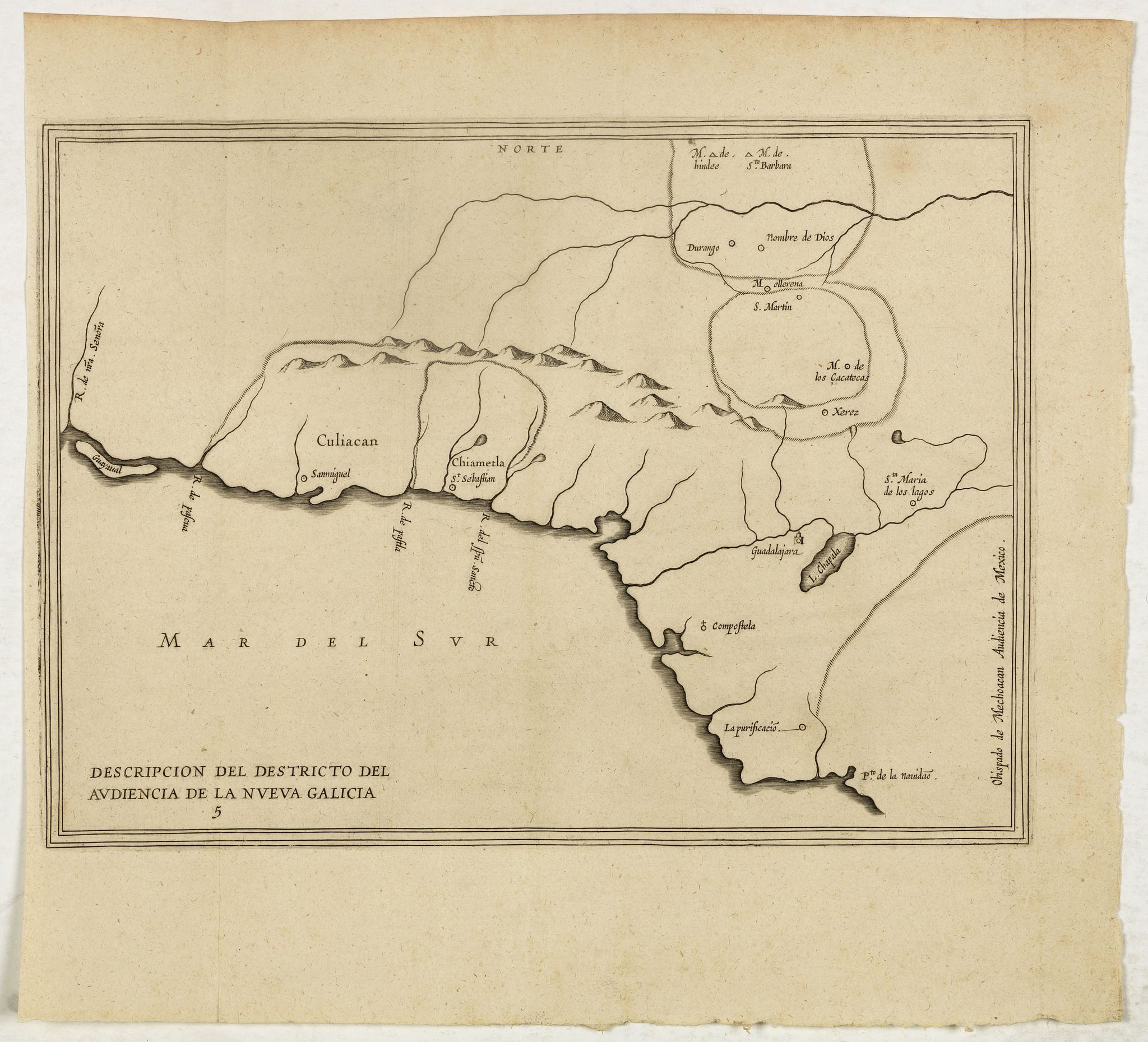 HERRERA y TORDESILLAS, A. de., Descripcion del destricto del audiencia de la Nueva Galicia. 5., antique map, old maps