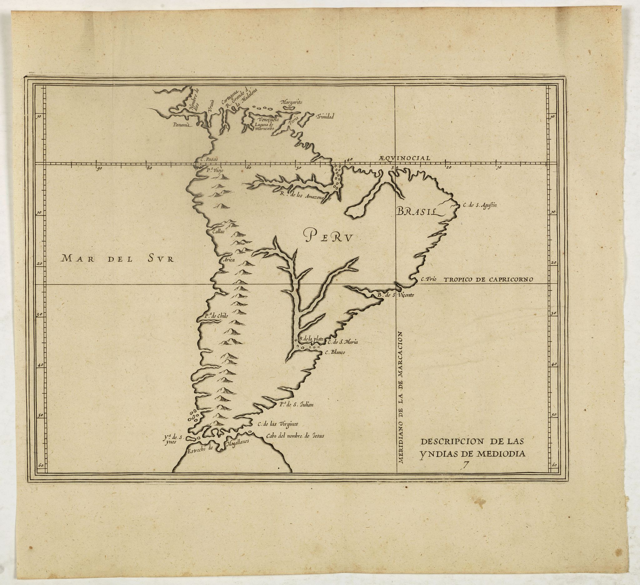 HERRERA y TORDESILLAS, A. de., Descripcion de las Yndias de Mediodia. 7., antique map, old maps