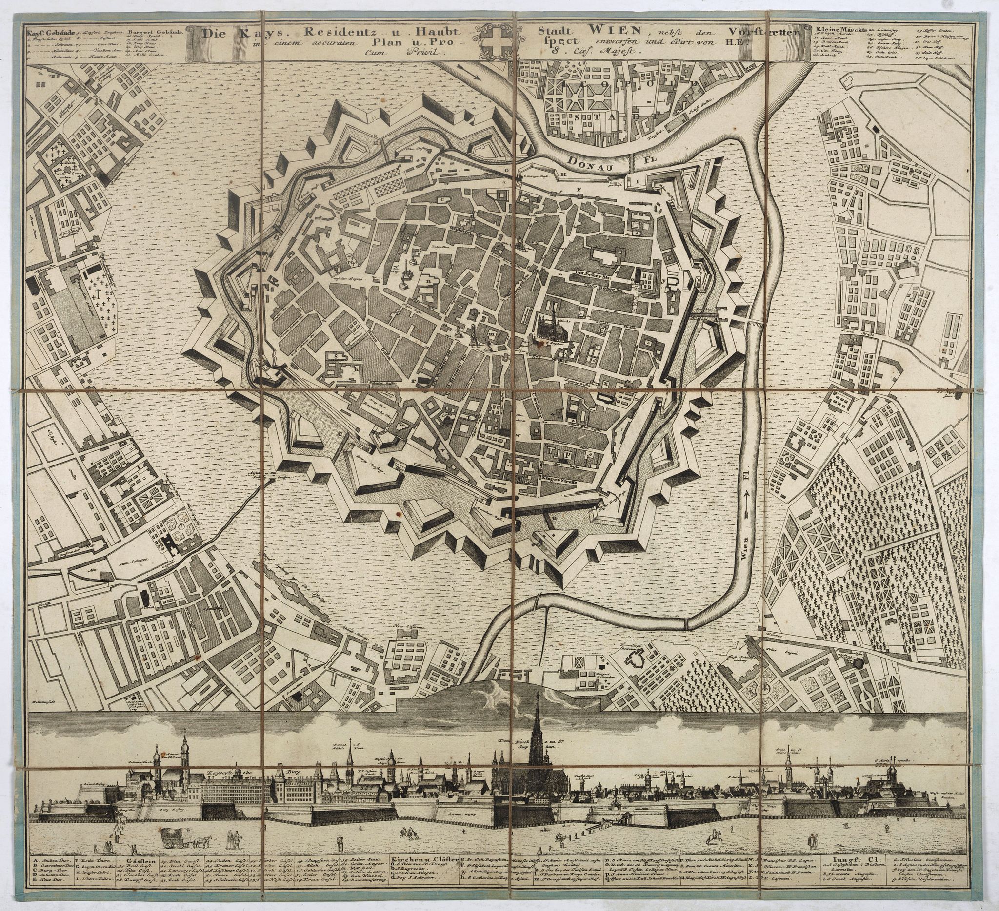 H.E., Die kays. Residentz u. Haubt Stadt Wien, nebst den vorstĉtten in einem accuraten Plan u. Prospect., antique map, old maps