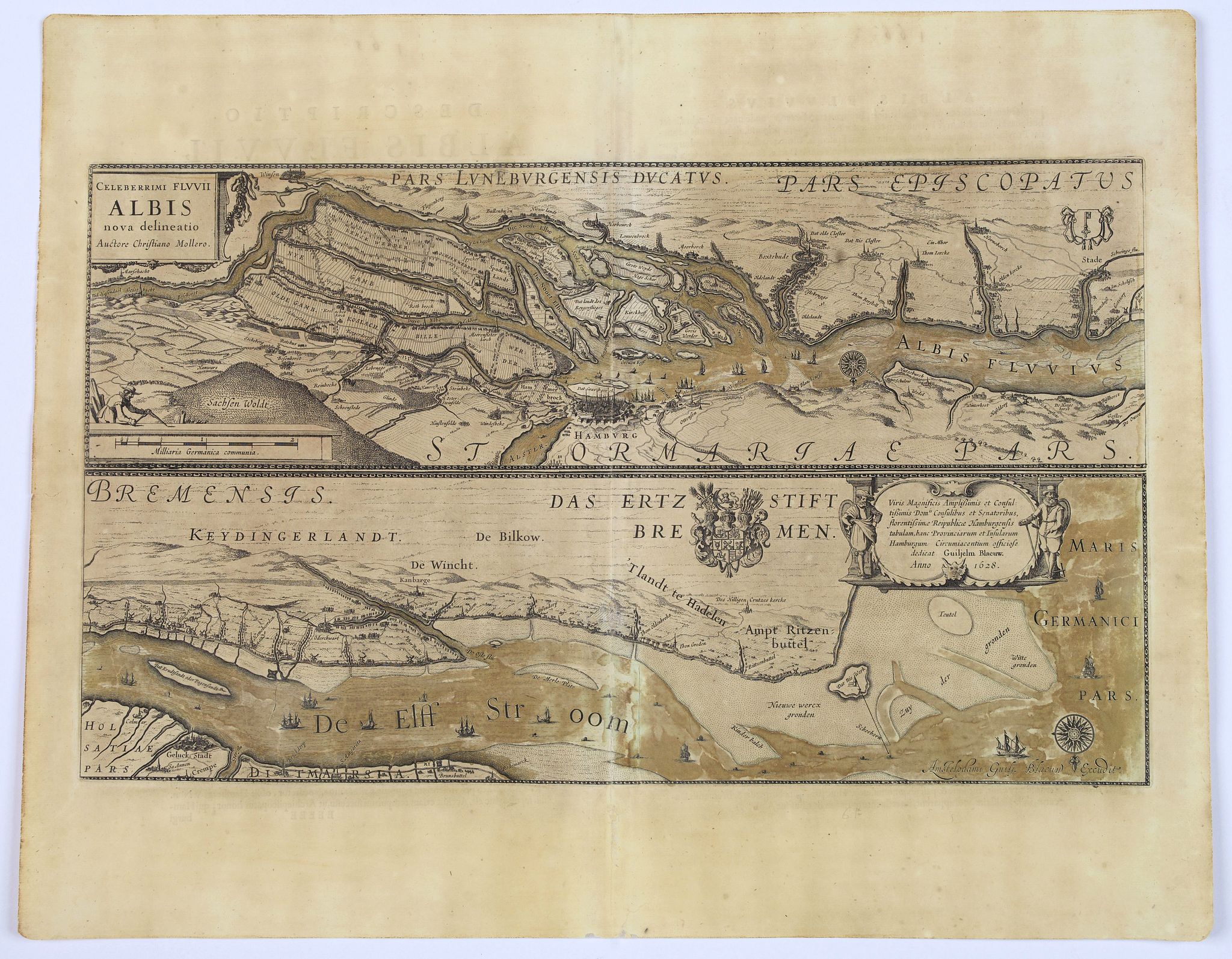 BLAEU, W., Celeberrimi Fluvis Albis nova delineatio. . ., antique map, old maps