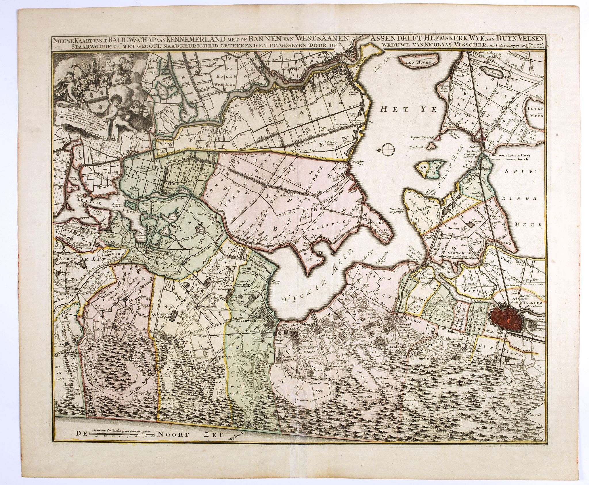 VISSCHER, E. / SCHENK, P., Nieuwe Kaerte van t'Baljuwschap van Kennemerland met de Bannen van Westsaanen, Assendelft, Heemskerk . . ., antique map, old maps