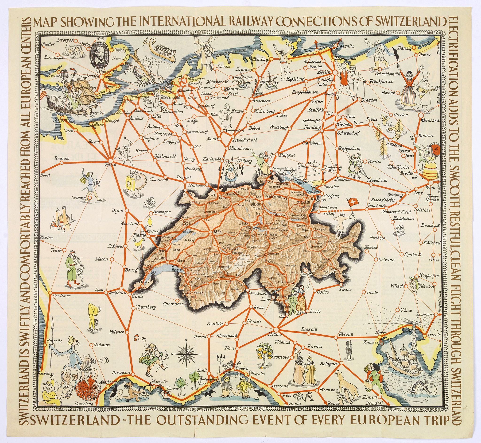 ART INSTITUT ORELL FUSSLI., Swtizerland The very Heart of Europe / and her International Railway Connections., antique map, old maps