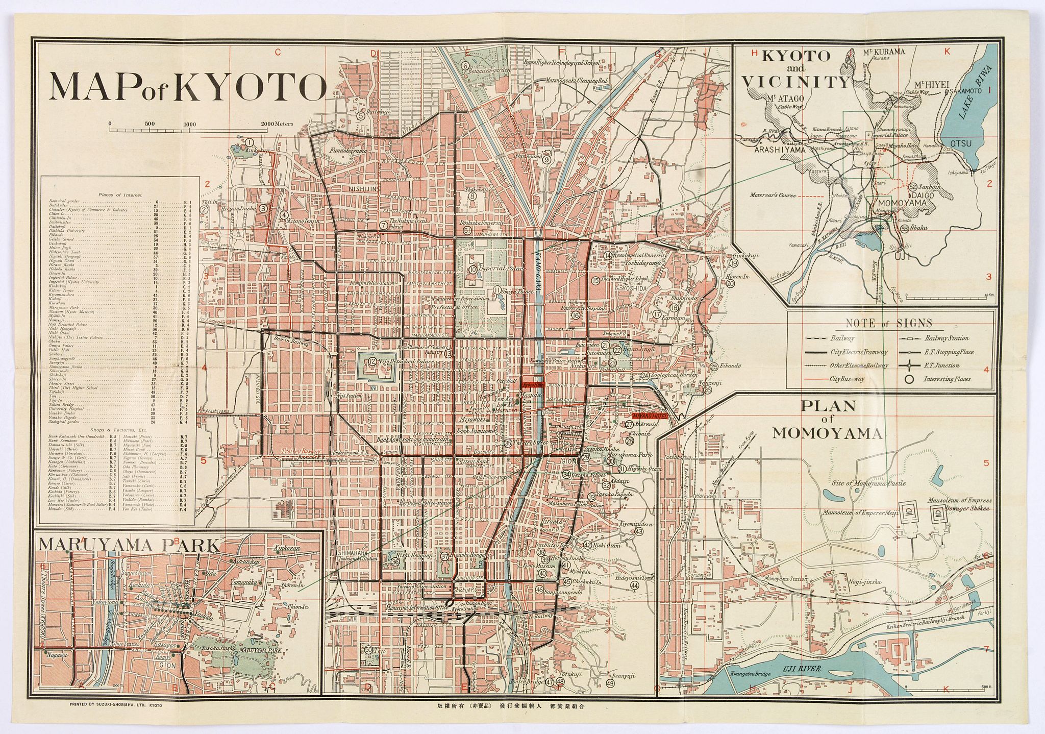 SUZUKI-SHOBISHA LTD., Kyoto and Vicinity with Shopping District., antique map, old maps