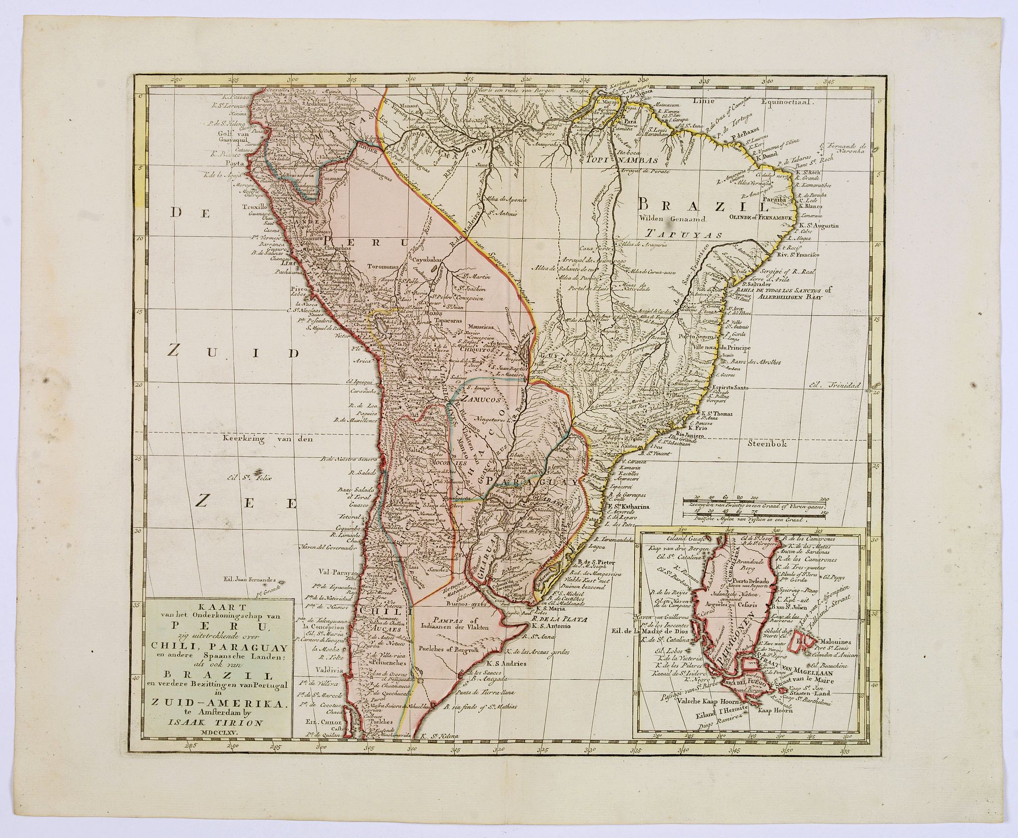 TIRION, I., Kaart.. Peru,.. Chili, Paraguay..Brazil.. in Zuid-Amerika., antique map, old maps
