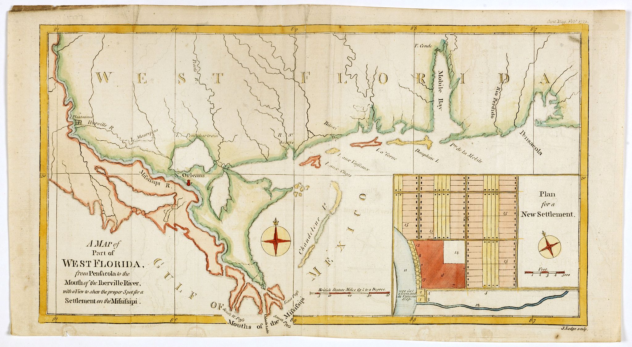 GENTLEMAN'S MAGAZINE, A Map of Part of West Florida from Pensacola to the Mouth of the Iberville River, with a view to shew the proper spot for a Settlement on the Mississipi., antique map, old maps