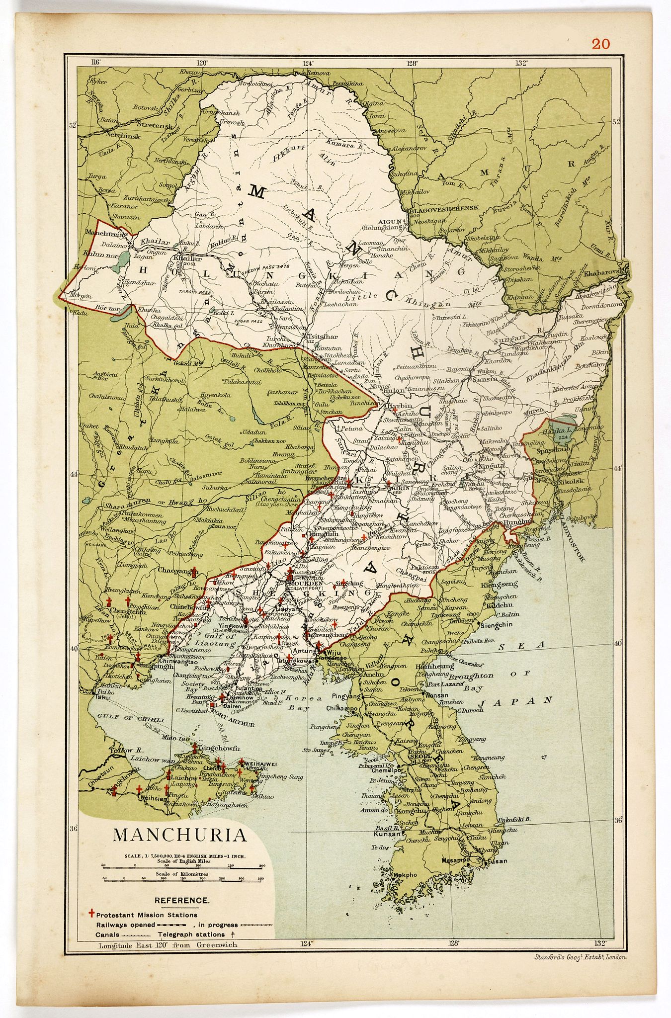 STANFORD'S GEOG ESTABLISMENT., Manchuria., antique map, old maps
