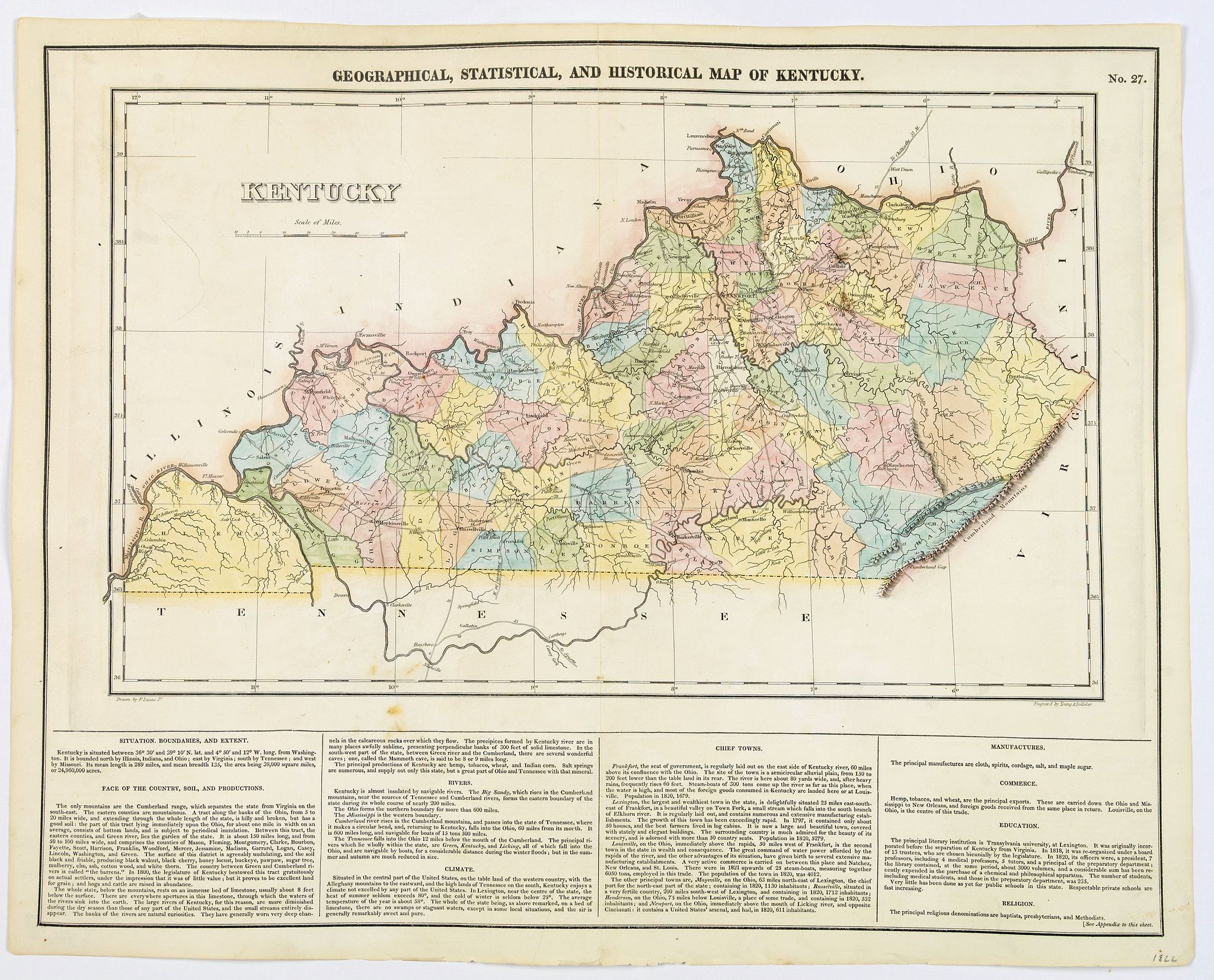 CAREY AND LEA., Geographical, Statistical, and Historical Map of Kentucky., antique map, old maps