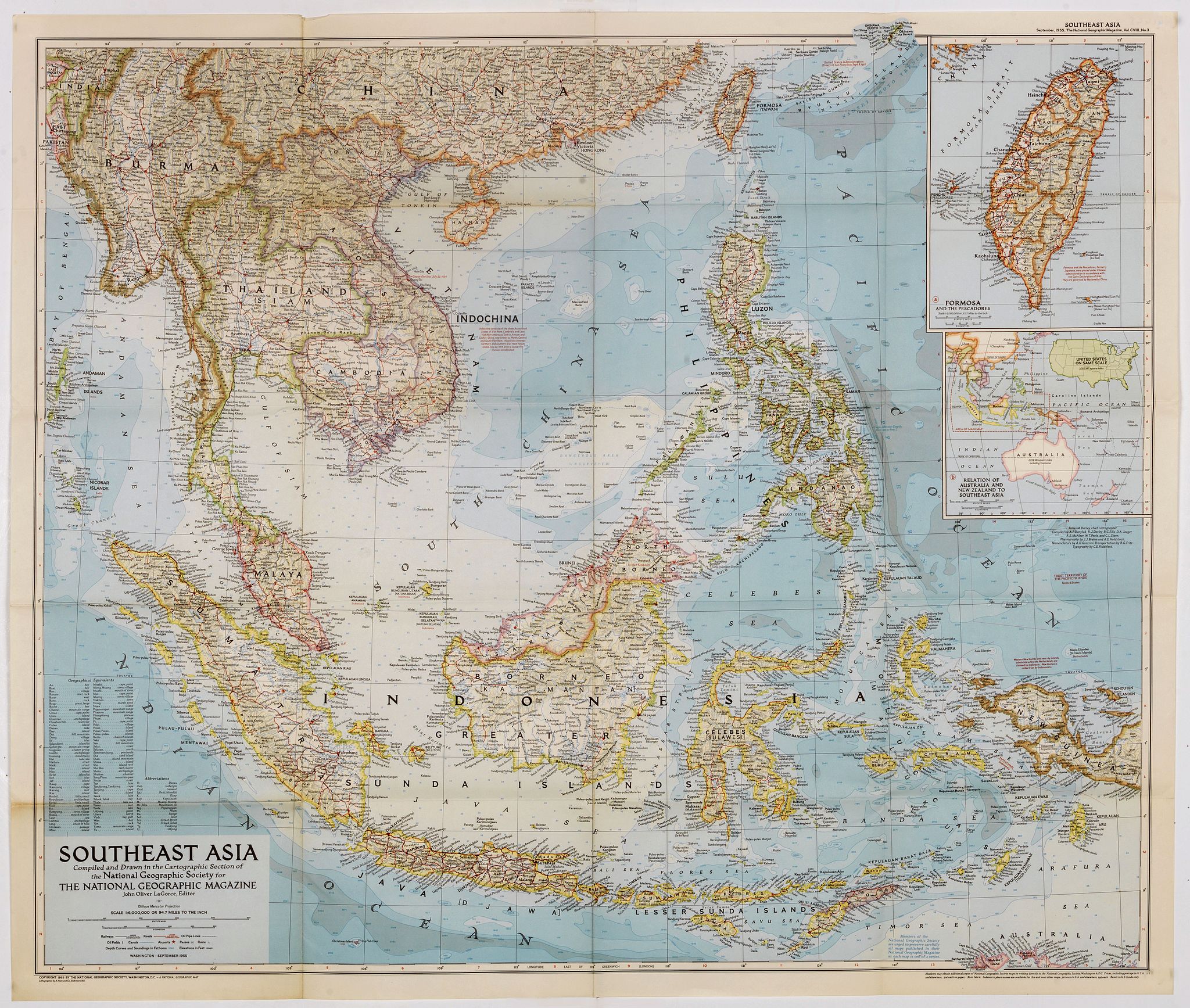 NATIONAL GEOGRAPHIC SOCIETY MAGAZINE, Southeast Asia Compiled and Drawn in the Cartographic Section of the National Geographic Society for the National Geographic Magazin Gilbert Grosvenor. . ., antique map, old maps